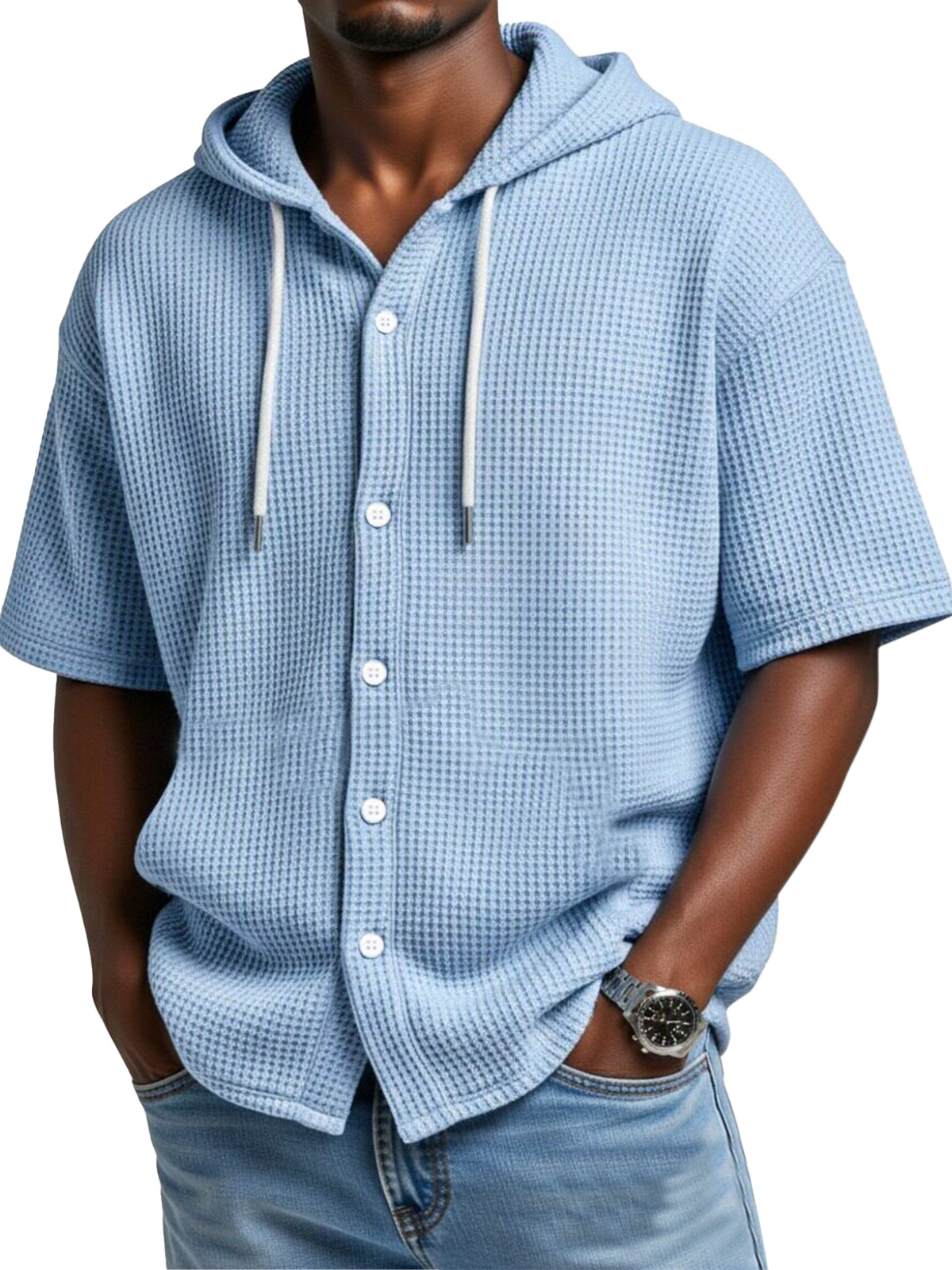 Everyday Casual Waffle Hooded Short Sleeve Button-Down Shirt