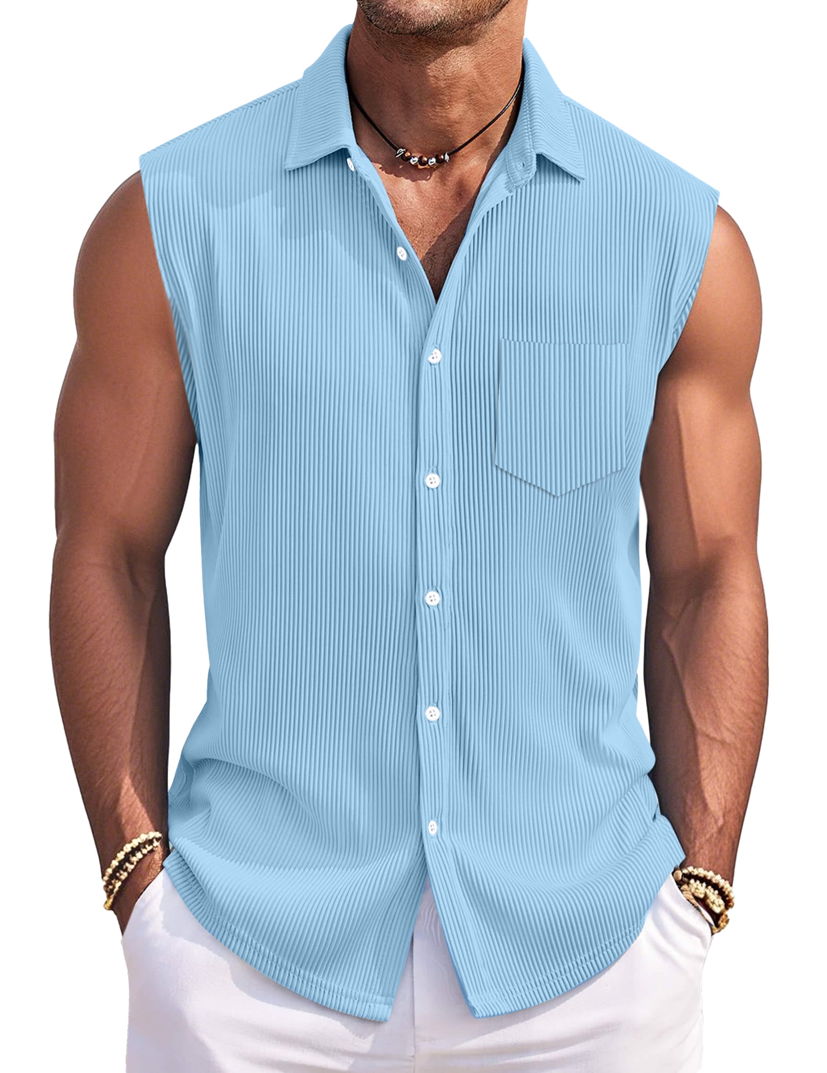 Men's Simple Solid Color Vertical Pit Lapel Button Sleeveless Shirt