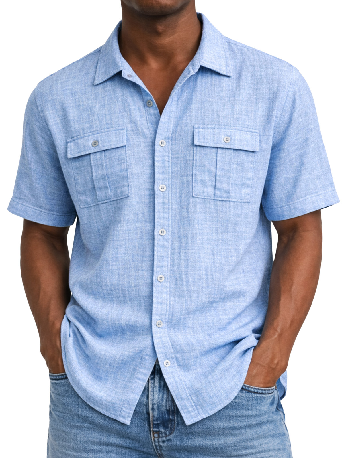 Men's solid color breathable linen short-sleeved shirt