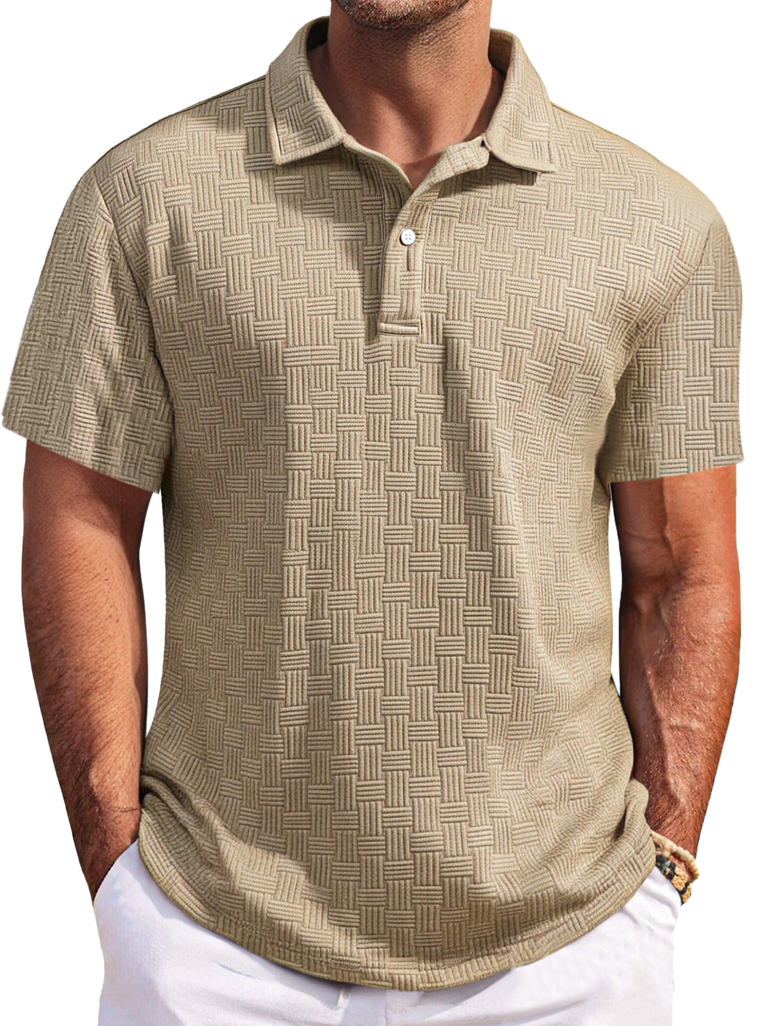 Men's Casual Solid Color Texture Short-sleeved Button Laps Polo Shirt