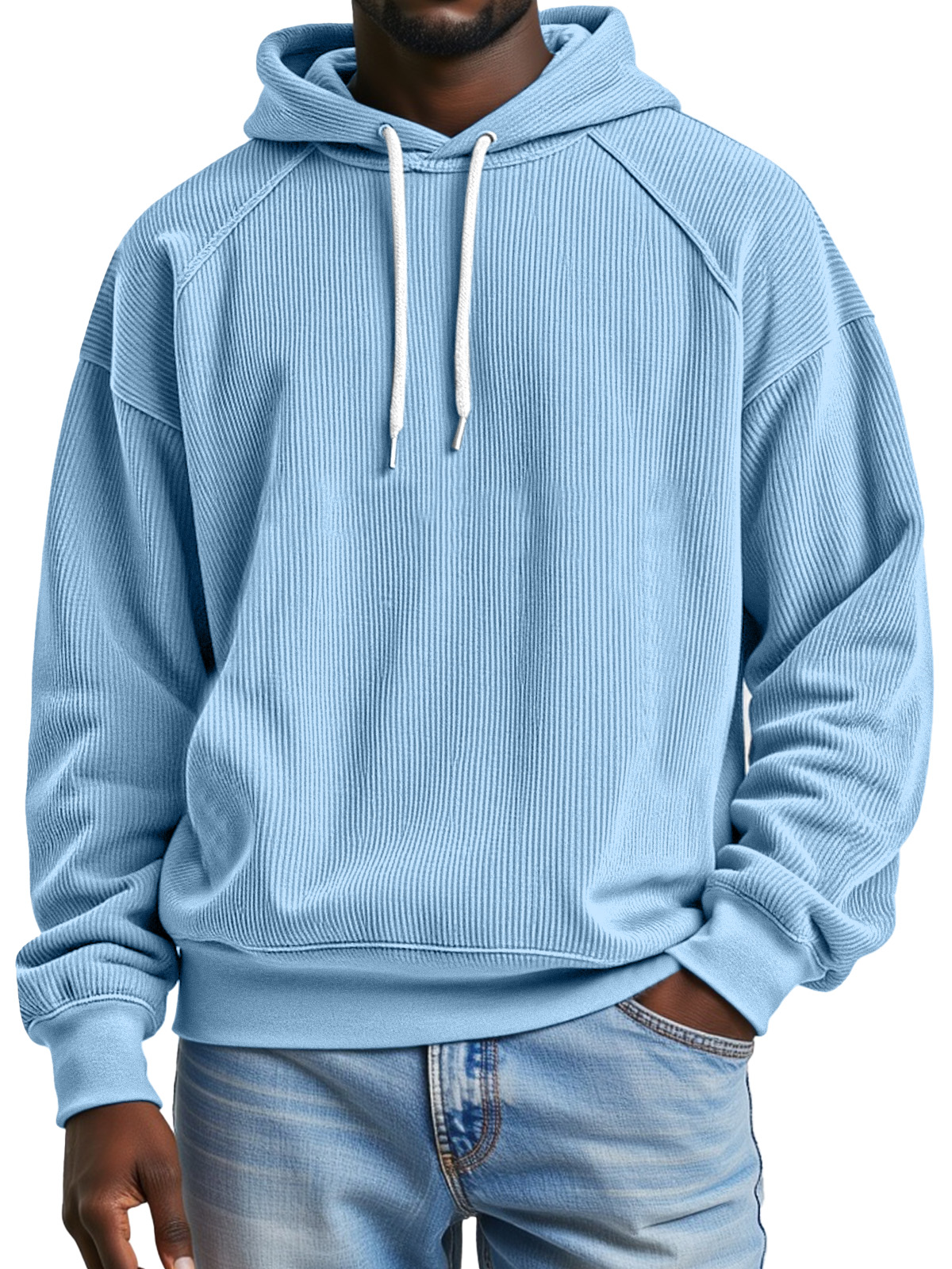 Men's Simple And Comfortable Vertical Pit Strip Raglan Design Loose Hooded Sweatshirt