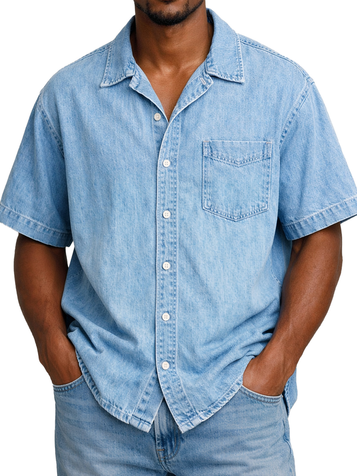 Men's Retro Solid Color Pocketed Cuban Collar Short-Sleeve Shirt