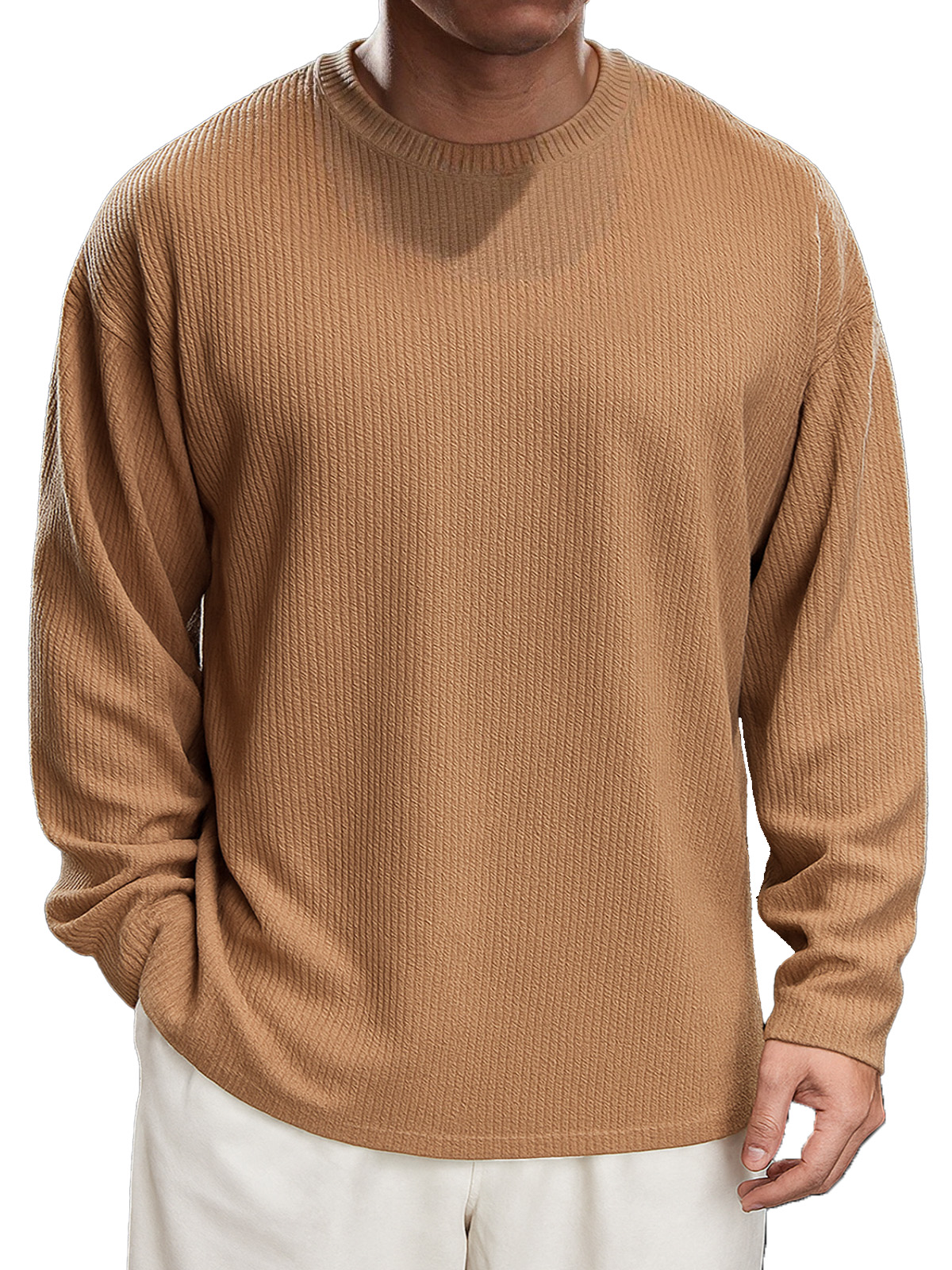Men's Simple Daily Solid Color Texture Round Neck Long-sleeved T-shirt