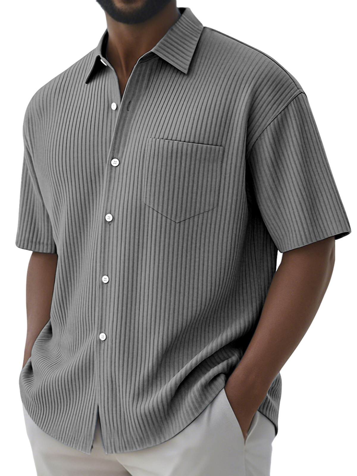 Men's Simple Solid Color Vertical Pit Button Lapel Short-sleeved Shirt