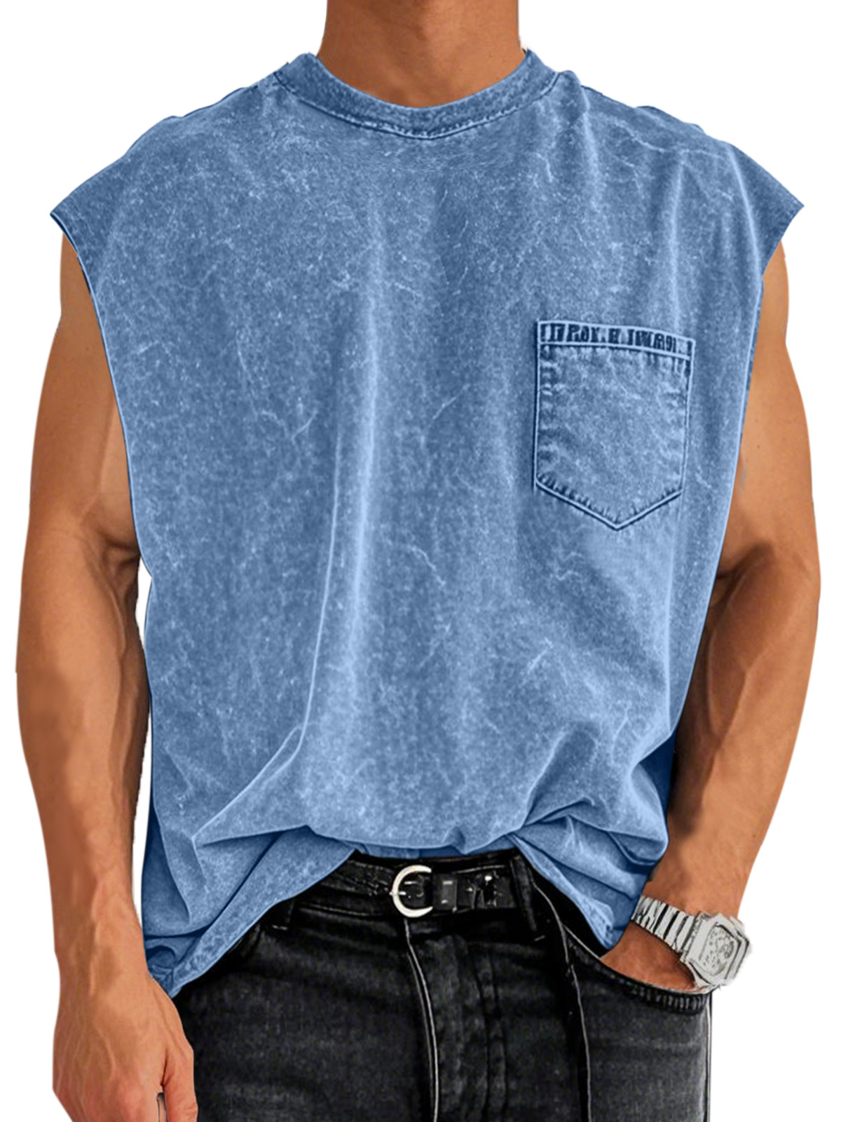 Men's Retro Cotton Washed Pocket Round Neck Sleeveless T-shirt