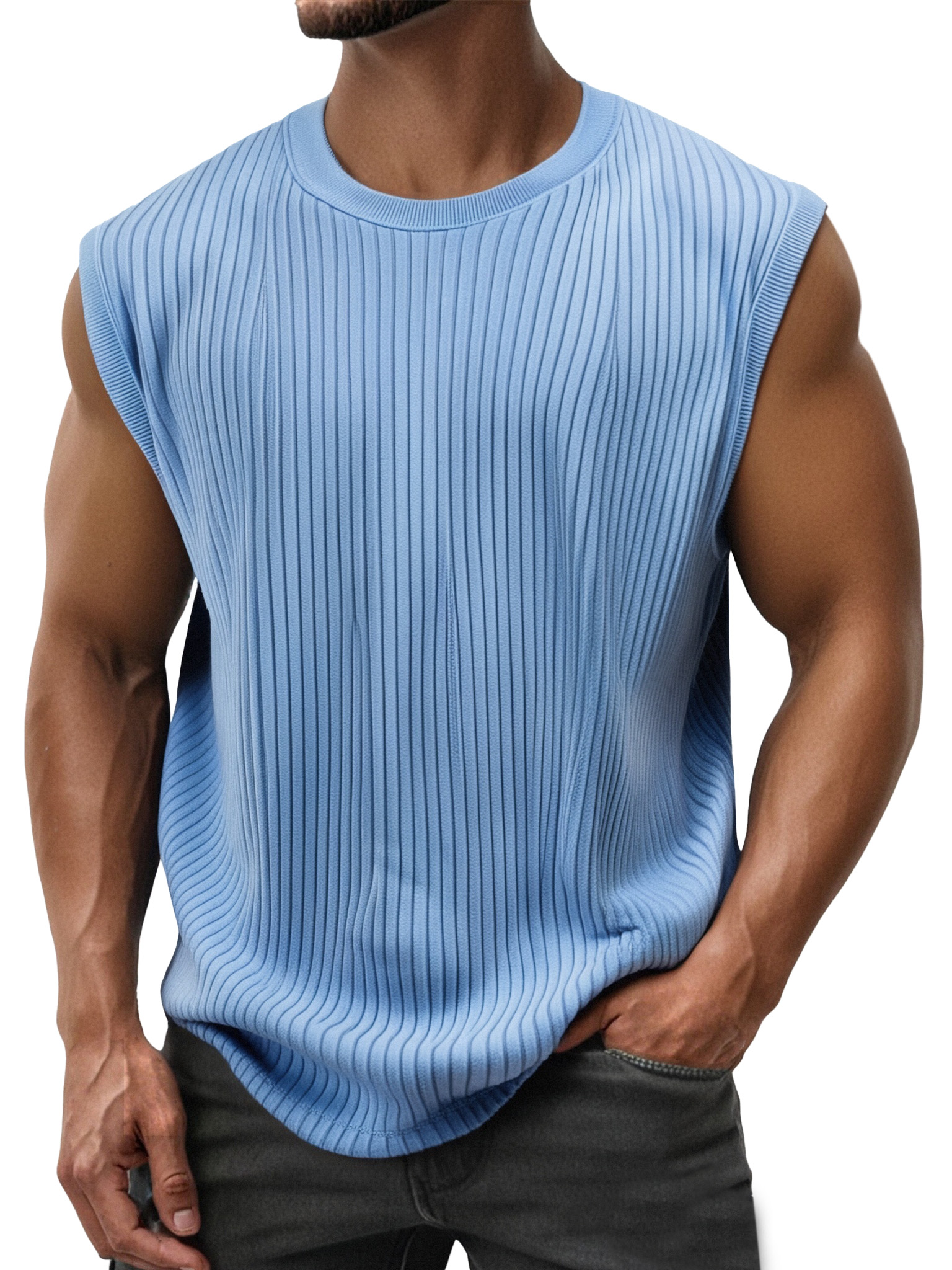 Men's Simple Everyday Solid Color Vertical Strip Sleeveless Round Neck T-shirt