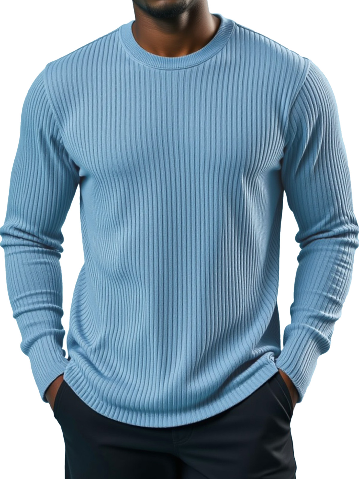 Men's Simple Daily Solid Color Vertical Pit Strip Round Neck Long-sleeved T-shirt