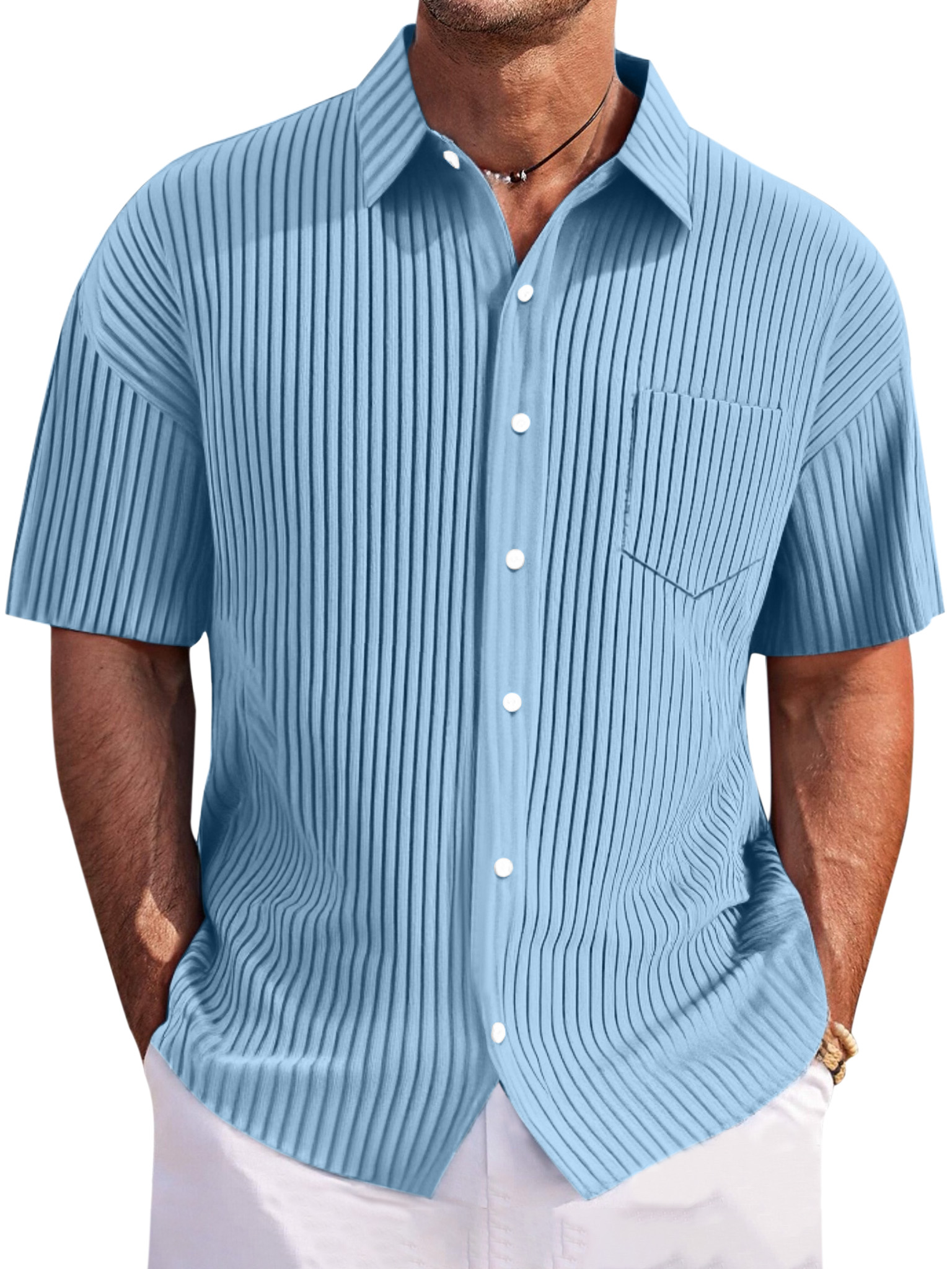 Men's Casual Loose Pitted Textured Lapel Button-down Short-sleeved Shirt