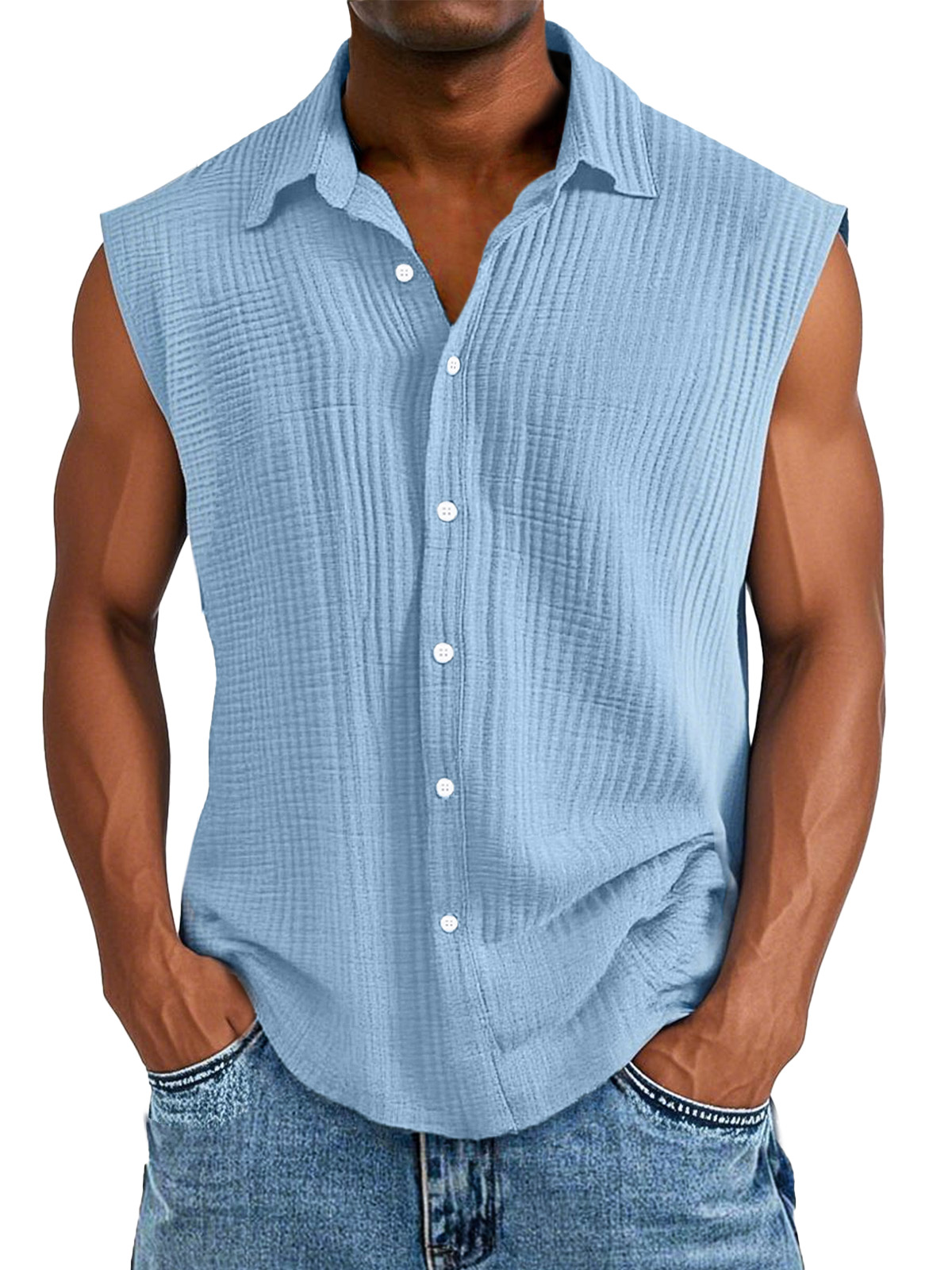Men's Casual Solid Color Pleated Texture Sleeveless Lapel Shirt