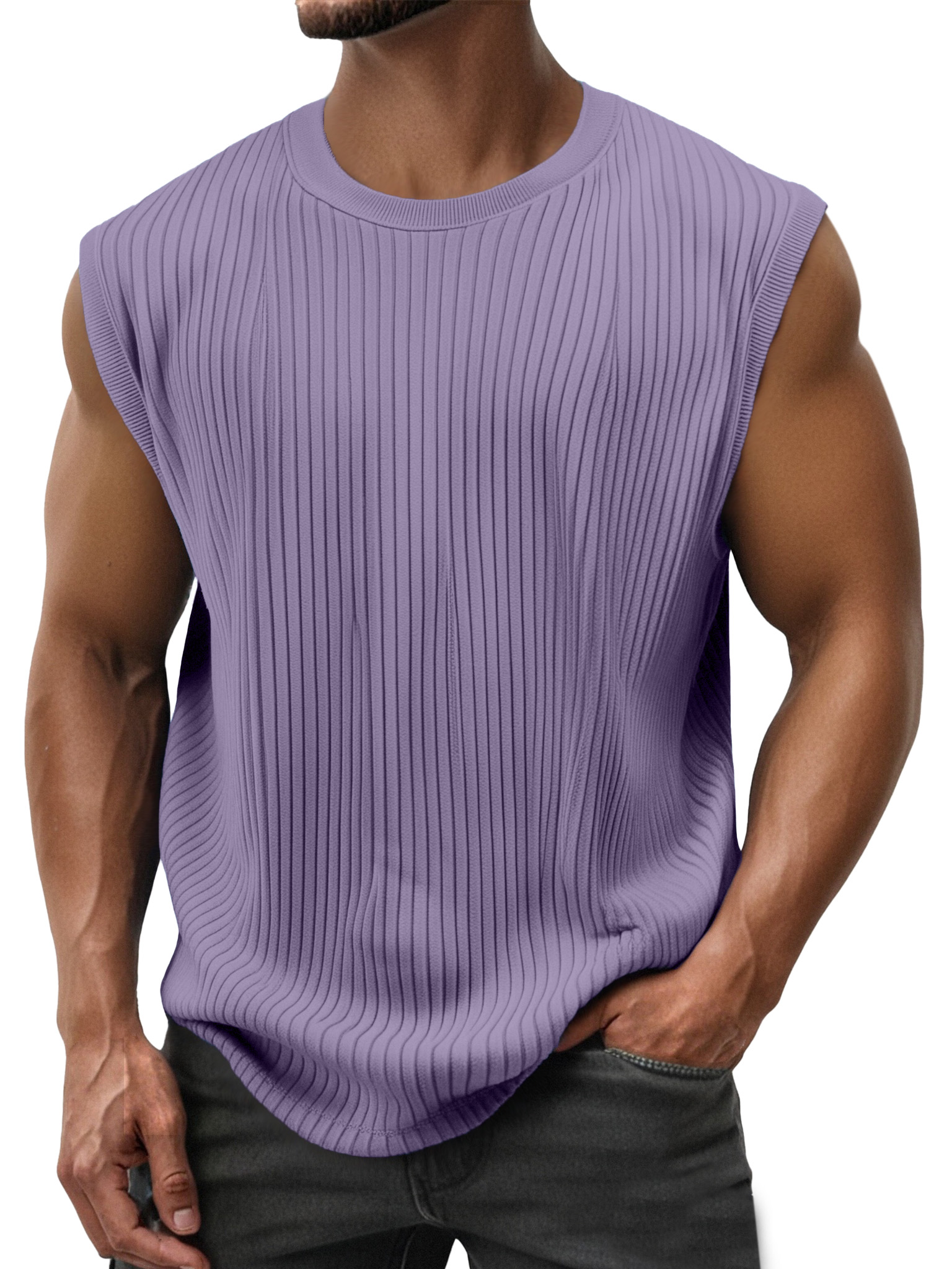 Men's Simple Everyday Solid Color Vertical Strip Sleeveless Round Neck T-shirt