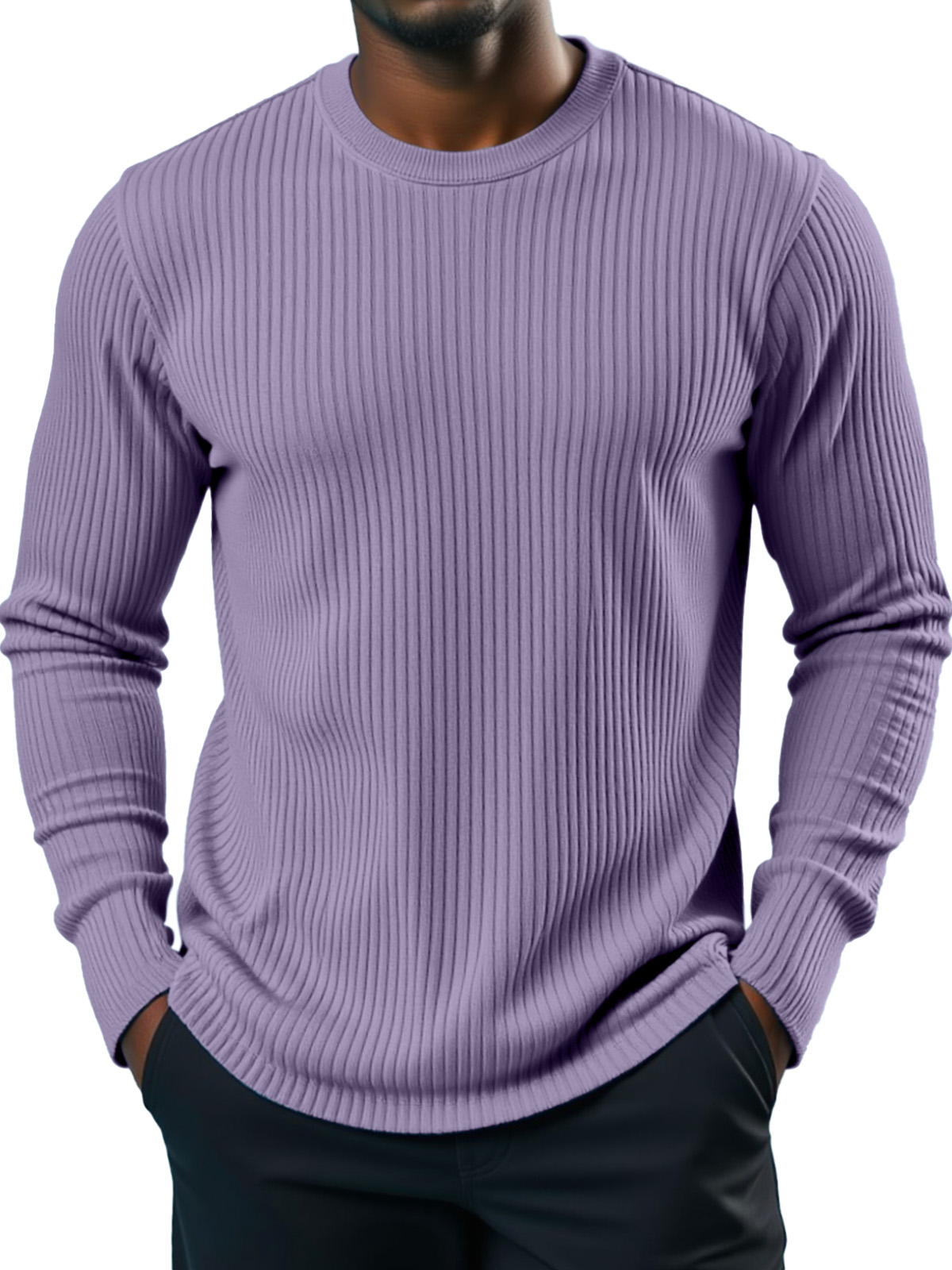 Men's Simple Daily Solid Color Vertical Pit Strip Round Neck Long-sleeved T-shirt