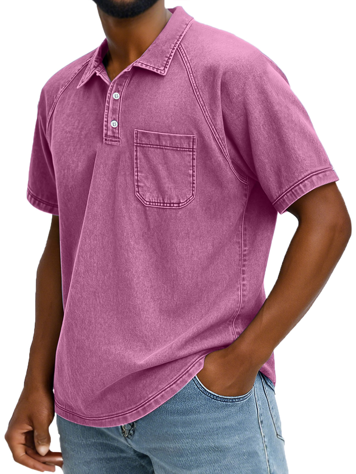 Men's Retro Solid Color Comfortable Raglan Sleeve Polo Shirt