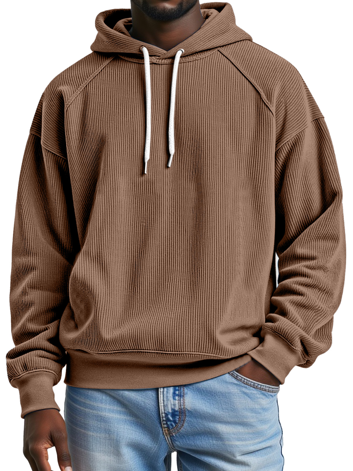Men's Simple And Comfortable Vertical Pit Strip Raglan Design Loose Hooded Sweatshirt