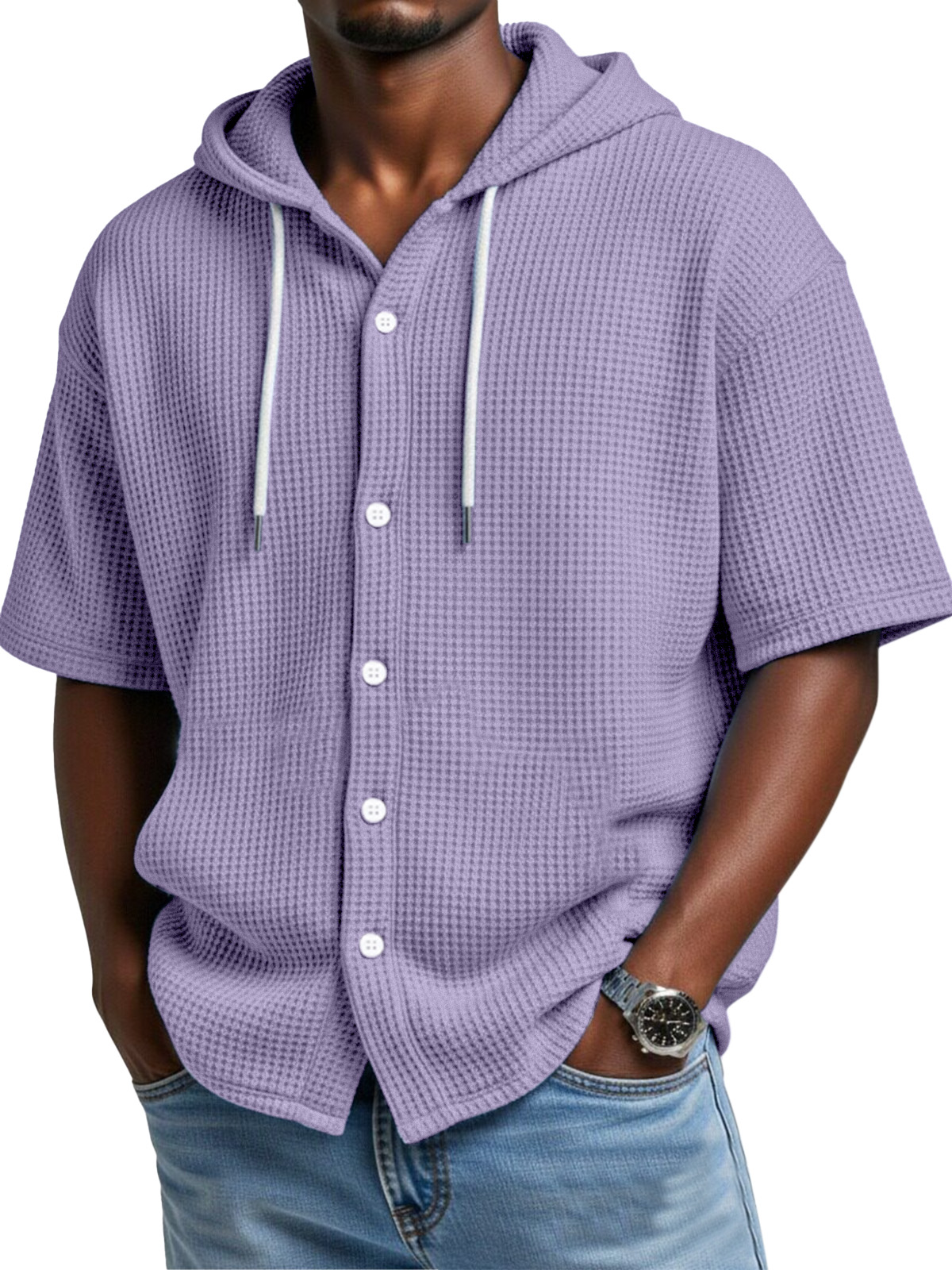 Everyday Casual Waffle Hooded Short Sleeve Button-Down Shirt