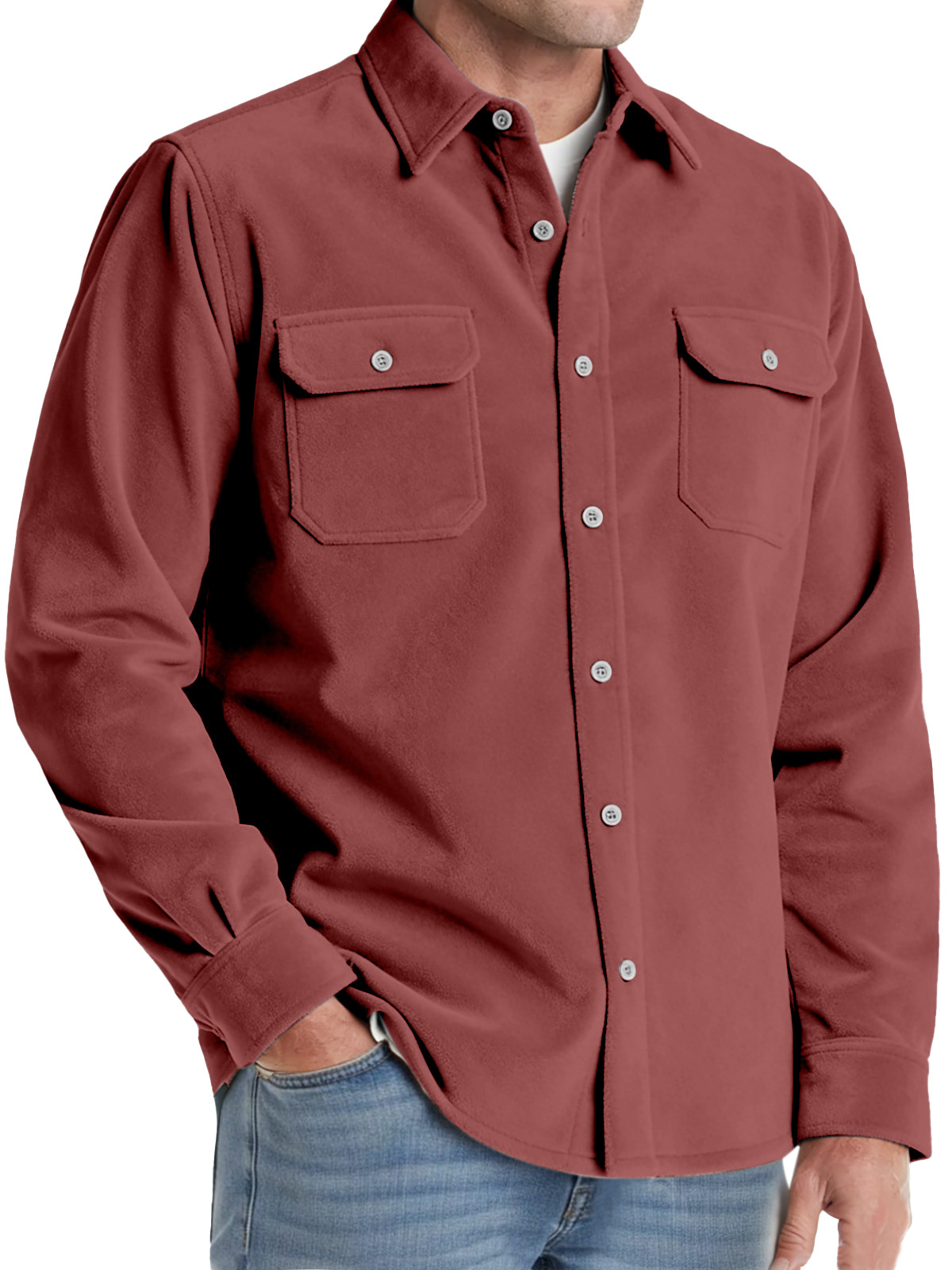 Men's Comfortable Solid-color Suede Double-pocket Long-sleeved Shirt