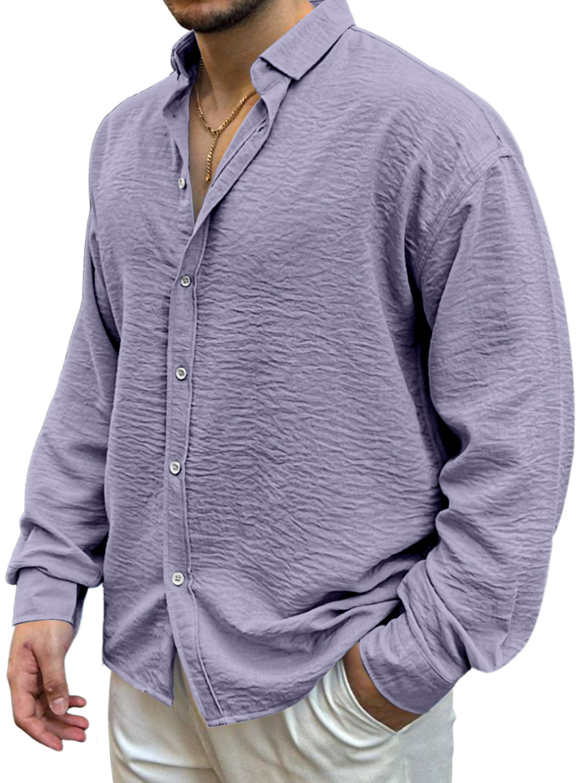 Men's Simple Solid Color Pleated Loose And Comfortable Lapel Long-sleeved Shirt