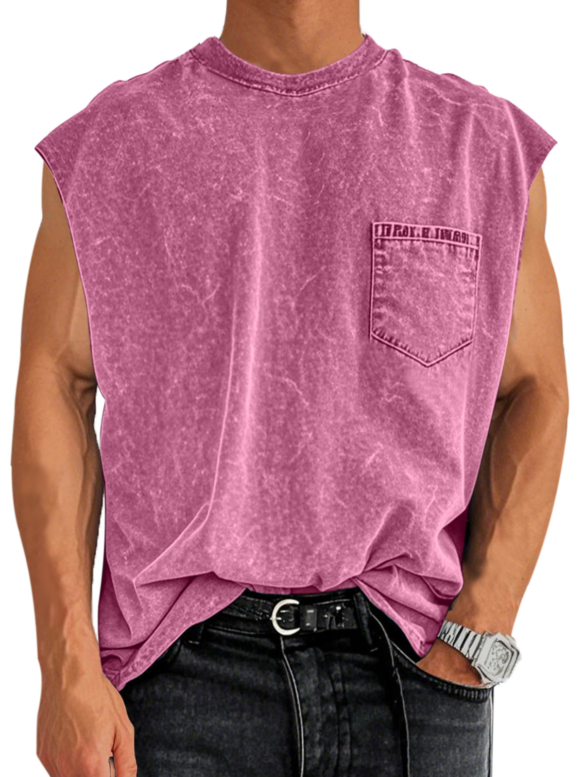 Men's Retro Cotton Washed Pocket Round Neck Sleeveless T-shirt