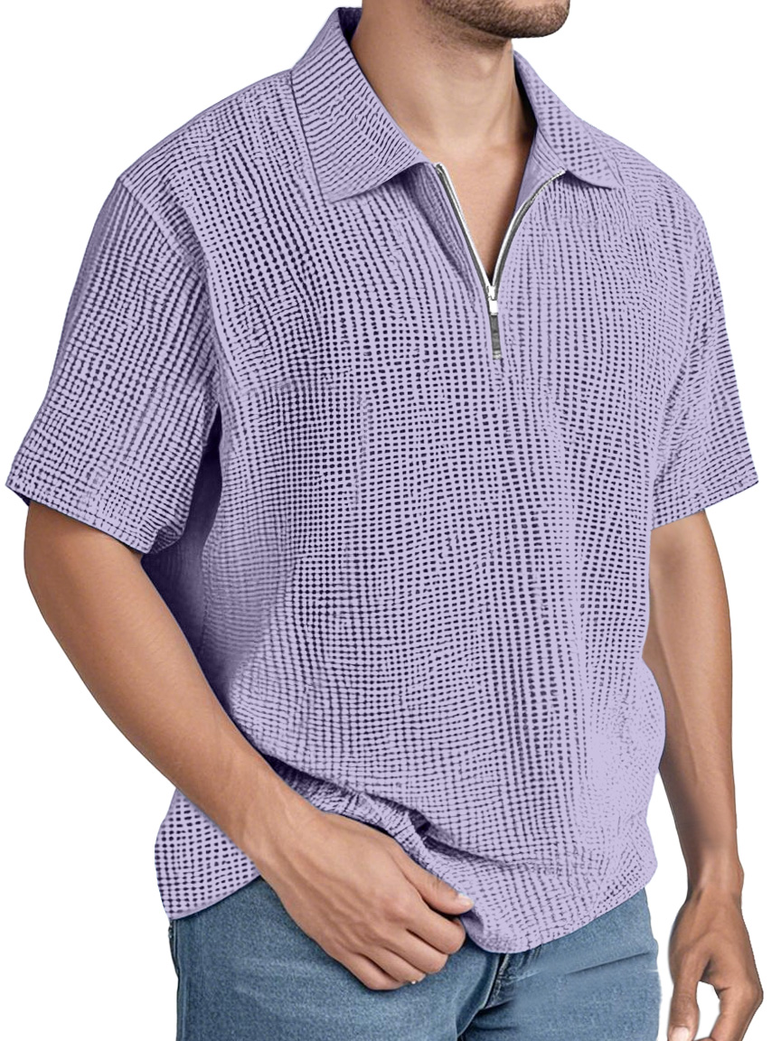 Men's Simple Solid Color Waffle Zipper Lapel Short-sleeved Polo Shirt