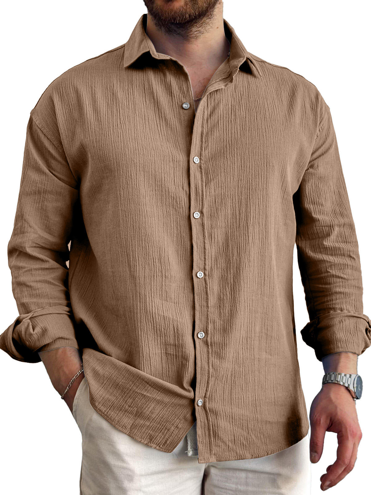 Men's Daily Simple Pleated Textured Lapel Long-sleeved Shirt