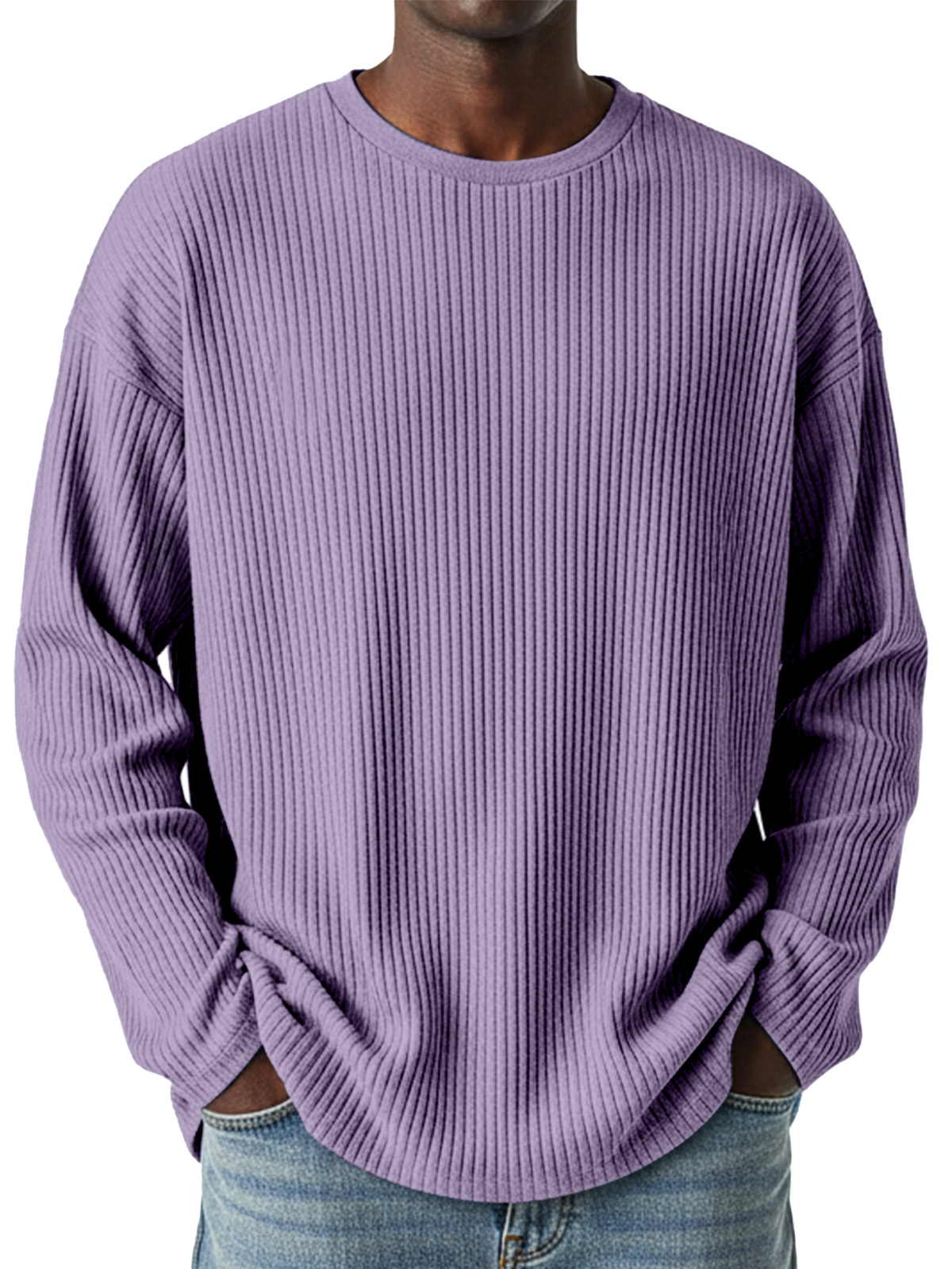 Men's Simple Daily Solid Color Vertical Pit Strip Round Neck Long-sleeved T-shirt