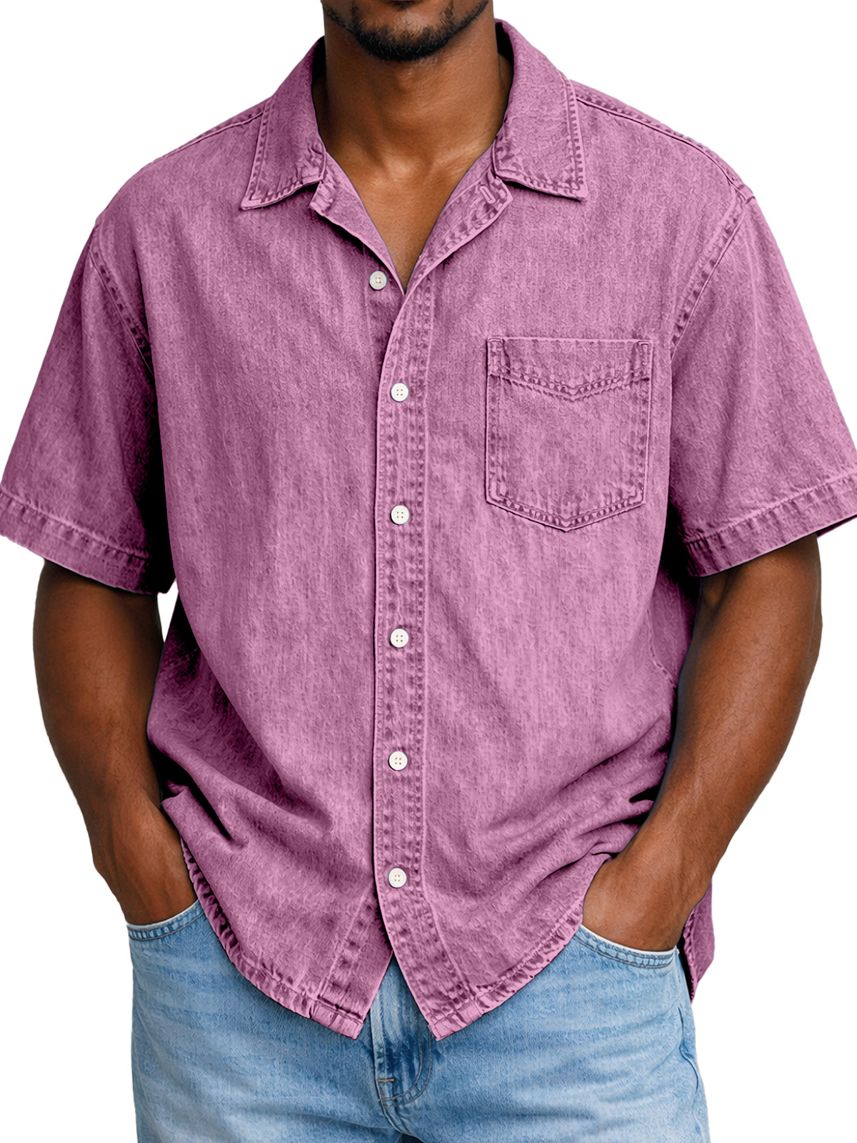Men's Retro Solid Color Pocketed Cuban Collar Short-Sleeve Shirt