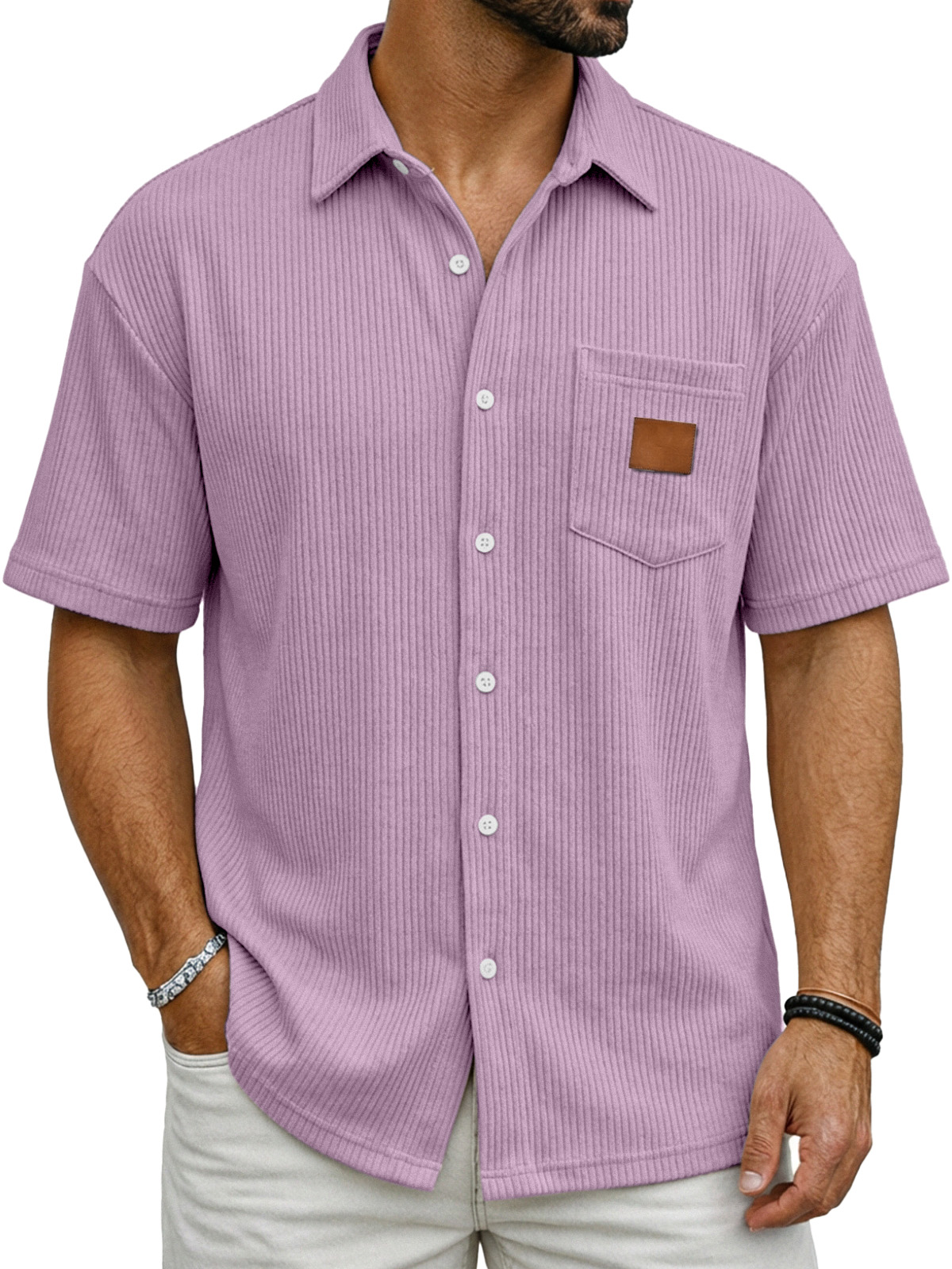 Men's Casual Simple Vertical Ribbed Fabric Shirt With Logo