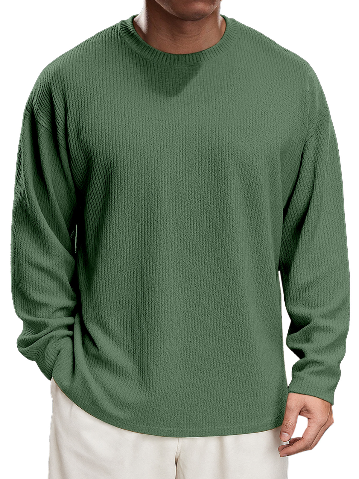 Men's Simple Daily Solid Color Texture Round Neck Long-sleeved T-shirt