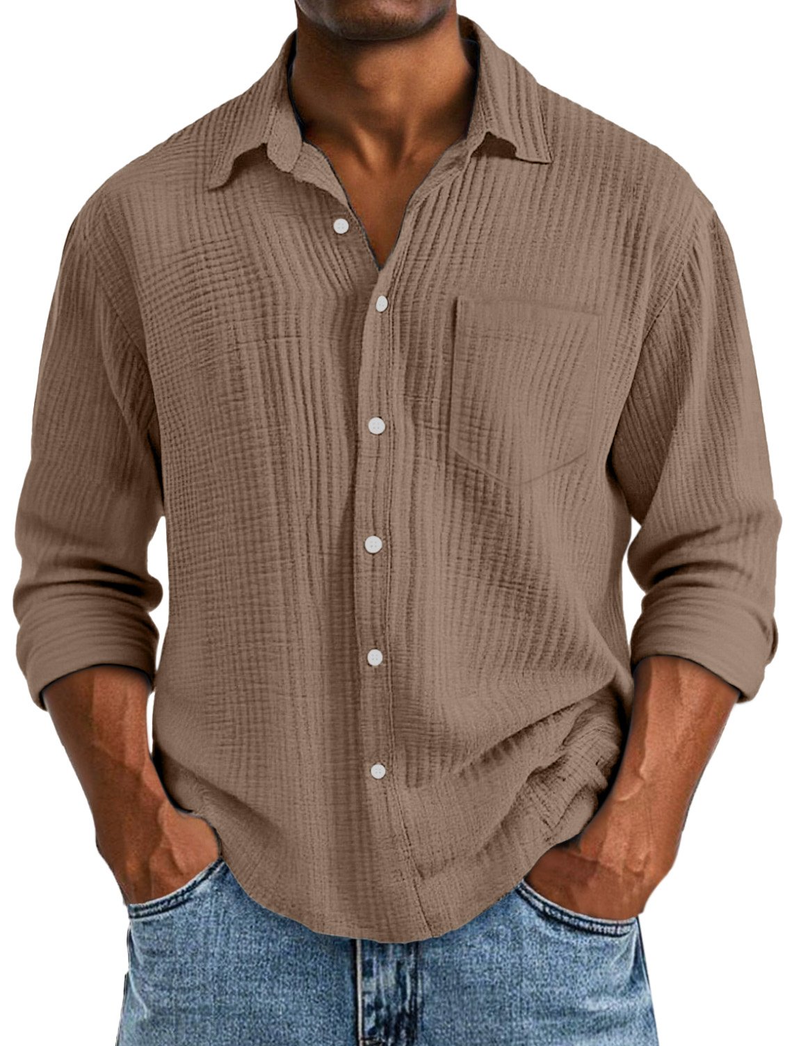 Men's Casual Solid Color Breathable Cotton Pleated Comfortable Lapel Long-sleeved Shirt