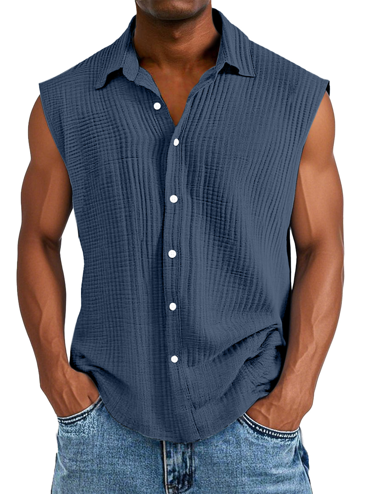 Men's Casual Solid Color Pleated Texture Sleeveless Lapel Shirt