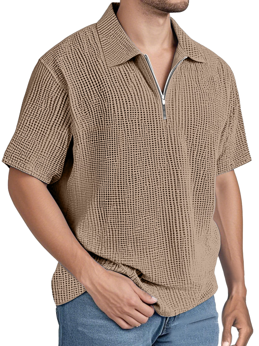 Men's Simple Solid Color Waffle Zipper Lapel Short-sleeved Polo Shirt
