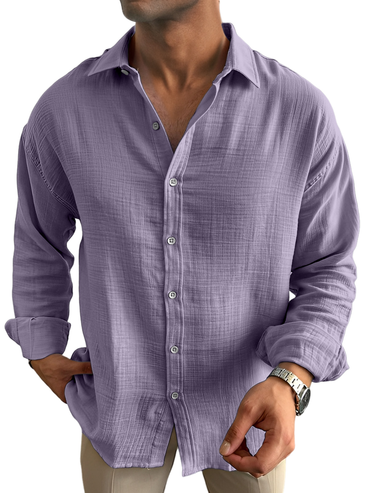 Men's Casual Solid Color Breathable And Comfortable Lapel Long-sleeved Shirt