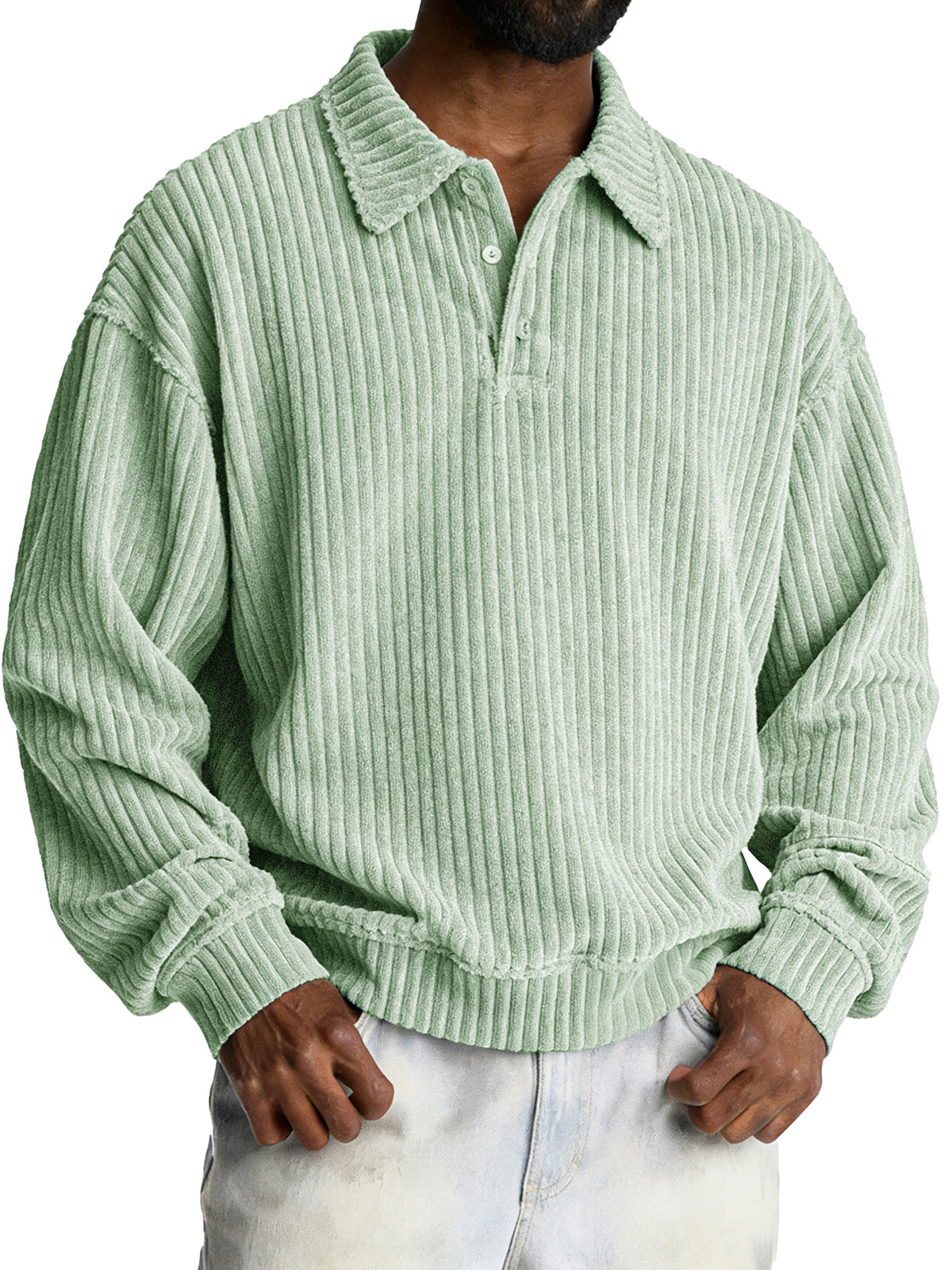 Fashionable Retro Loose Pit Strip Fabric Lapel Long-sleeved Polo Shirt