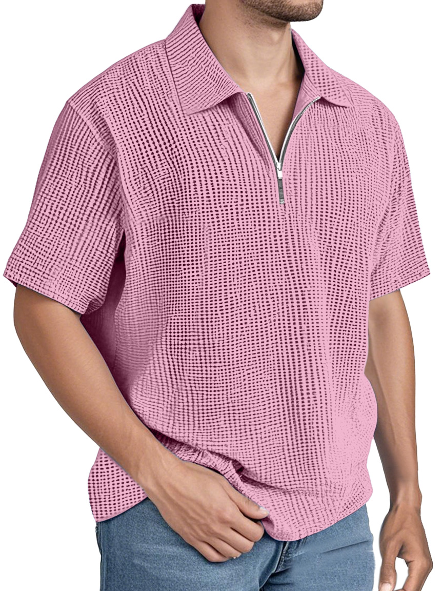 Men's Simple Solid Color Waffle Zipper Lapel Short-sleeved Polo Shirt