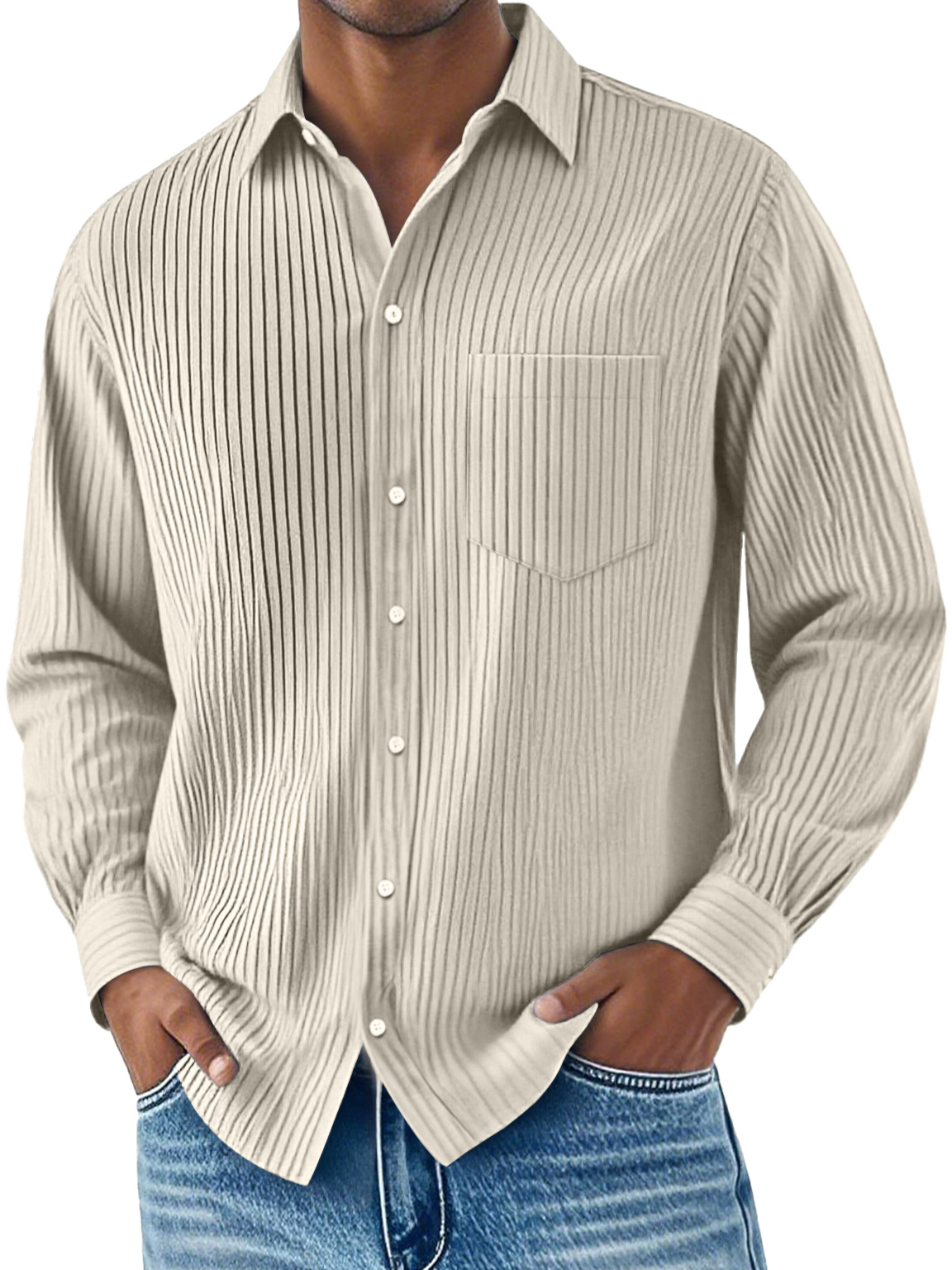 Men's Daily Ribbed Lapel Pocket Casual Long Sleeve Shirt