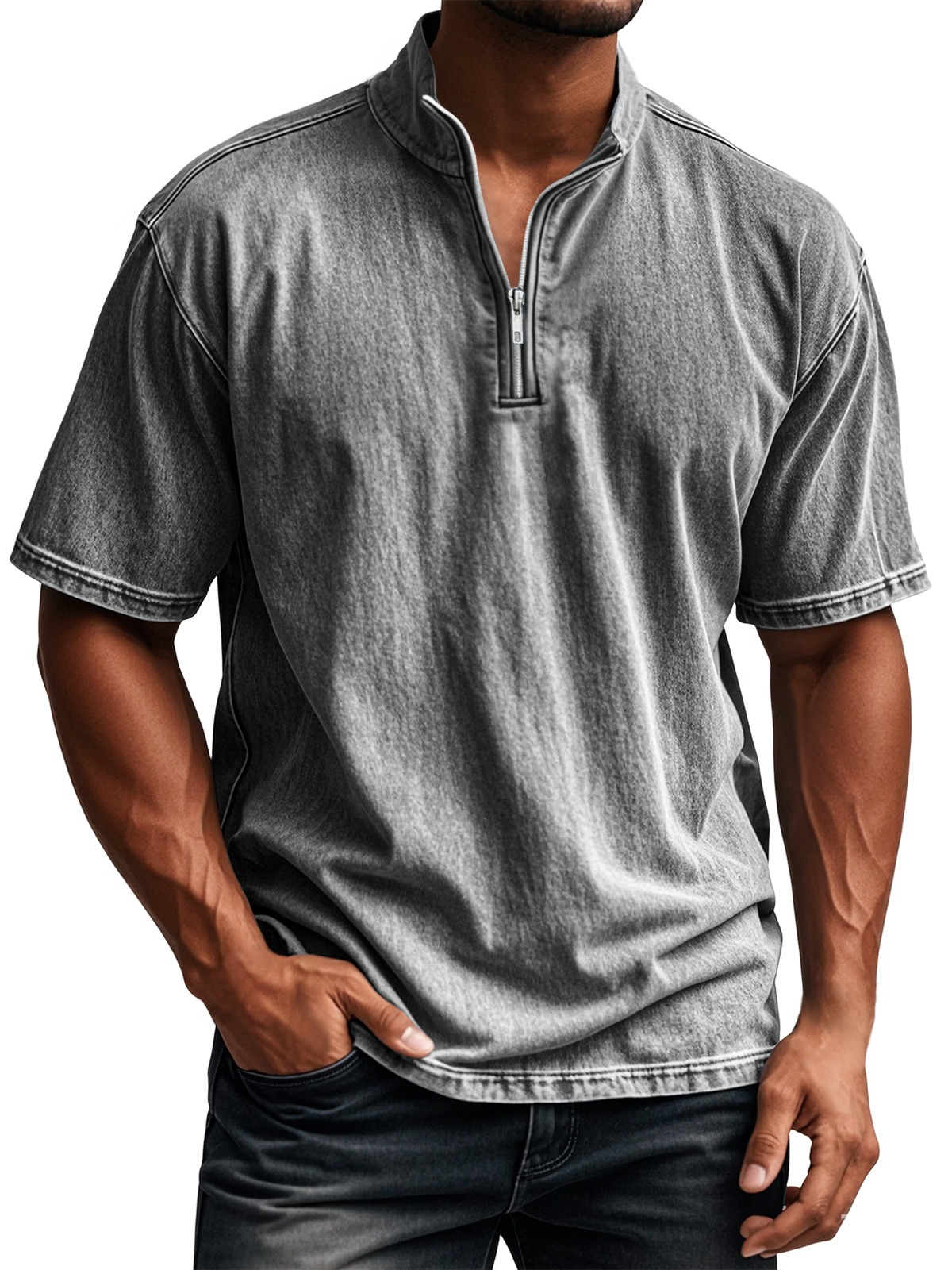 Men's Retro Everyday Stand Collar Quarter Zip Casual Short Sleeve T-Shirt