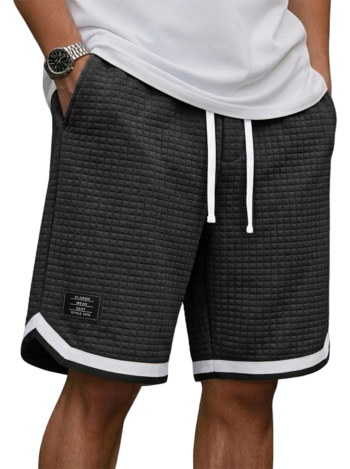 Men's Casual Waffle Knit Embroidered Logo Patchwork Webbing Loose Shorts