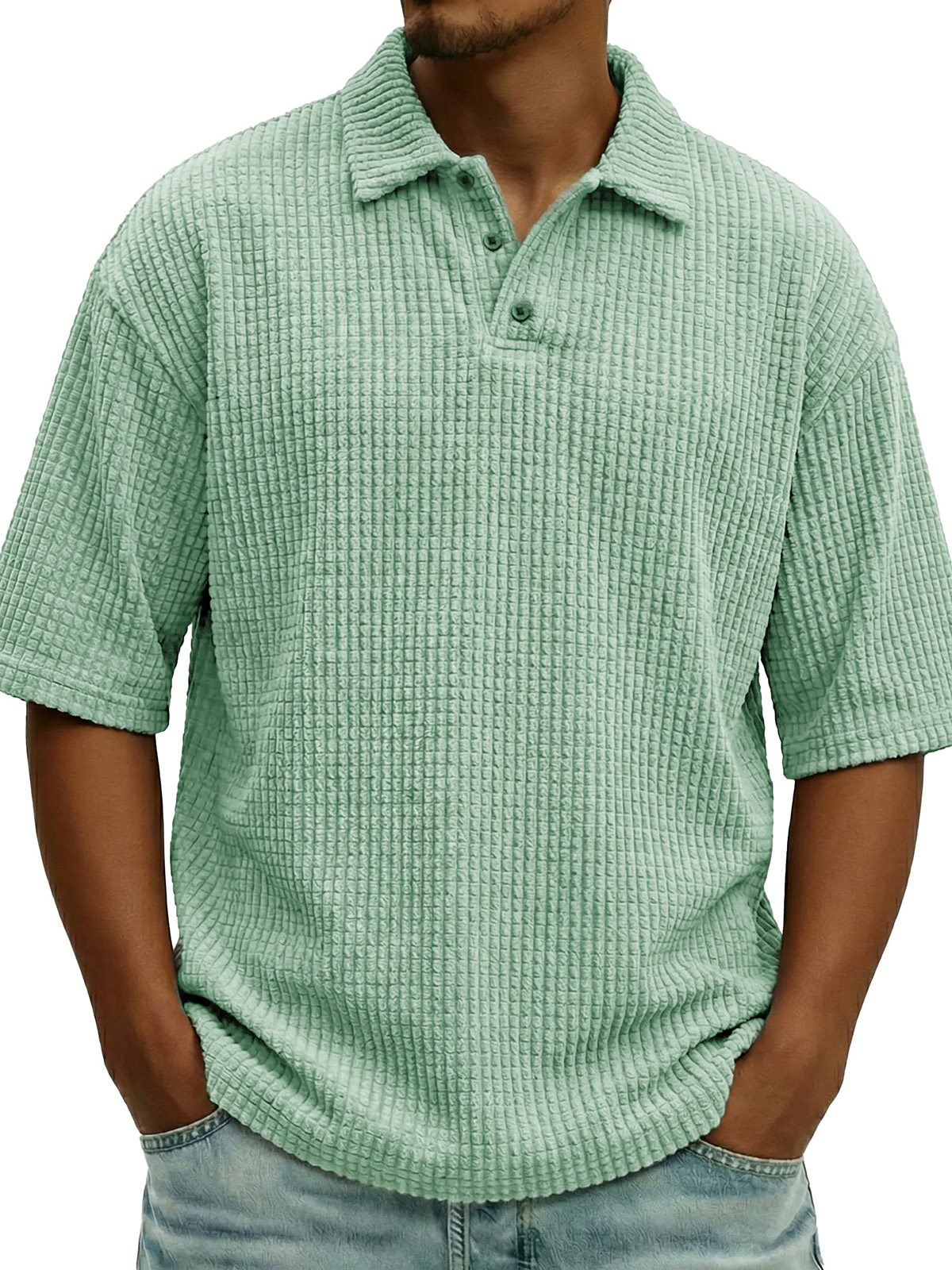 Men's Fashionable Casual Waffle Knit Collar Short-Sleeve Polo Shirt