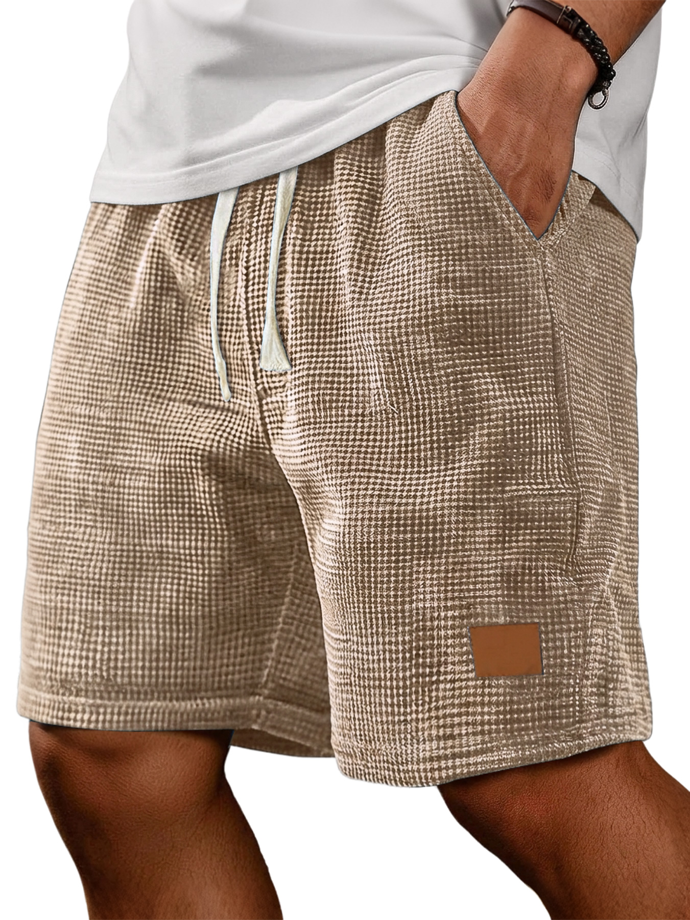 Men's Retro Corduroy Waffle Knit Embroidered Leather Label Casual Loose Shorts