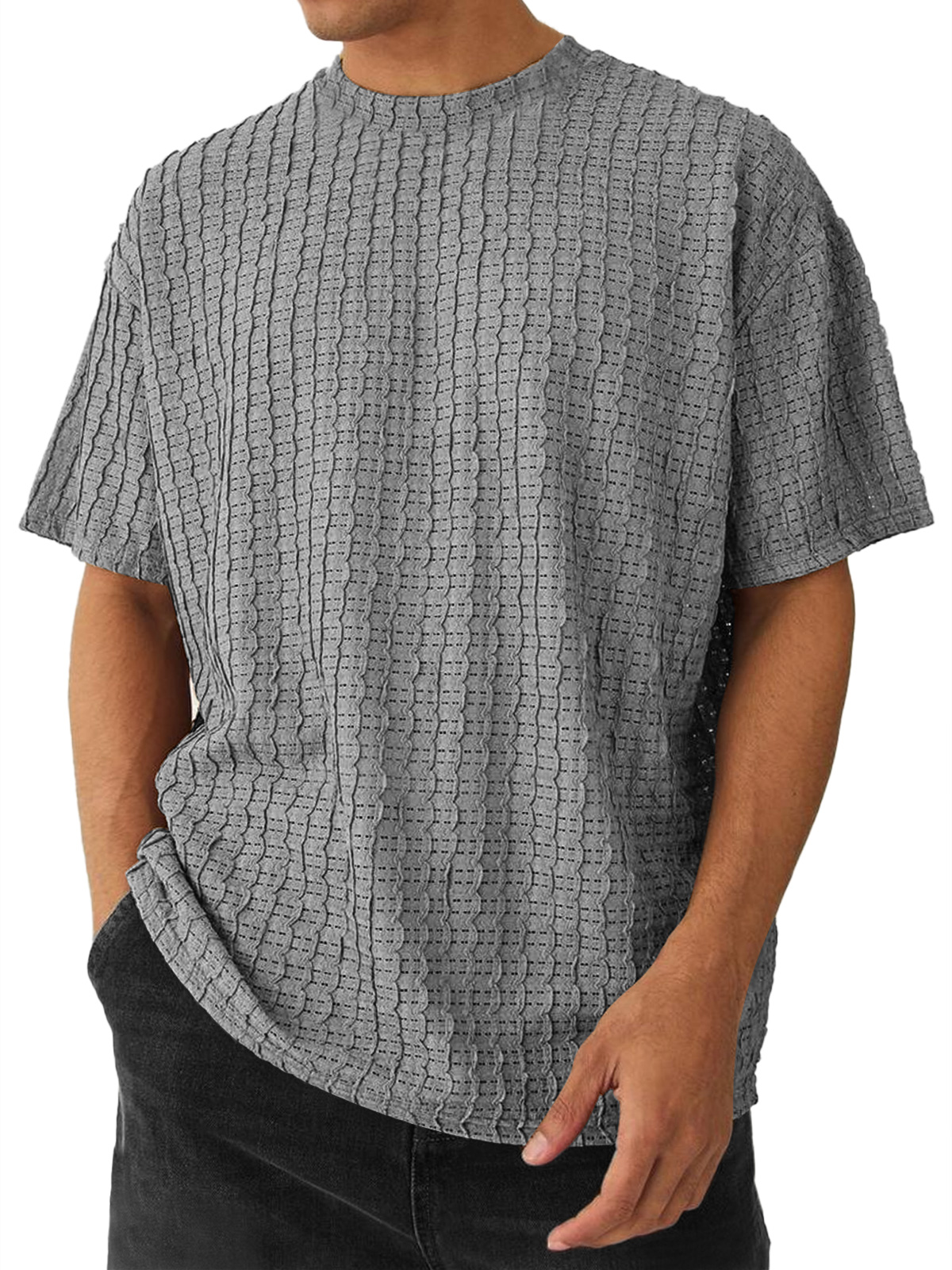 Men's Round Neck Casual Texture Solid Color Short-sleeved T-shirt