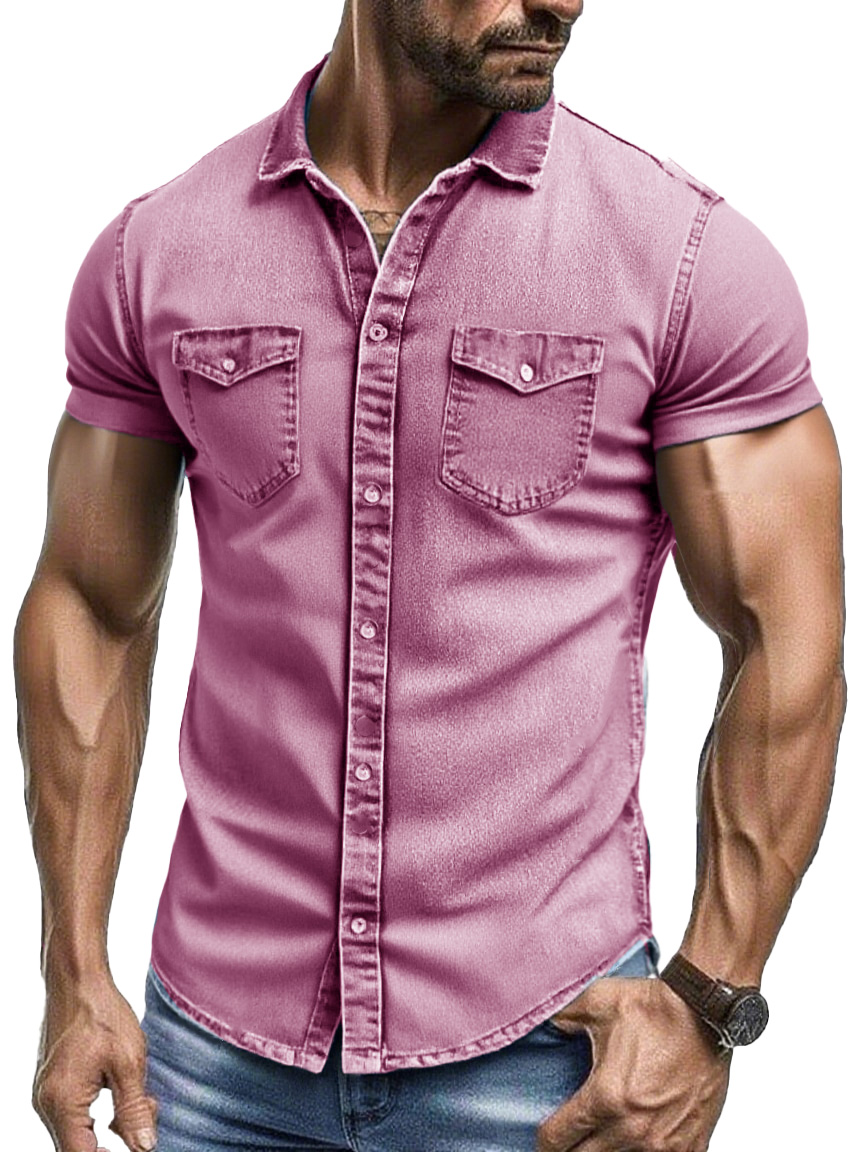 Men's Fashion Retro Workwear Outdoor Double Pocket Lapel Short-sleeved Shirt