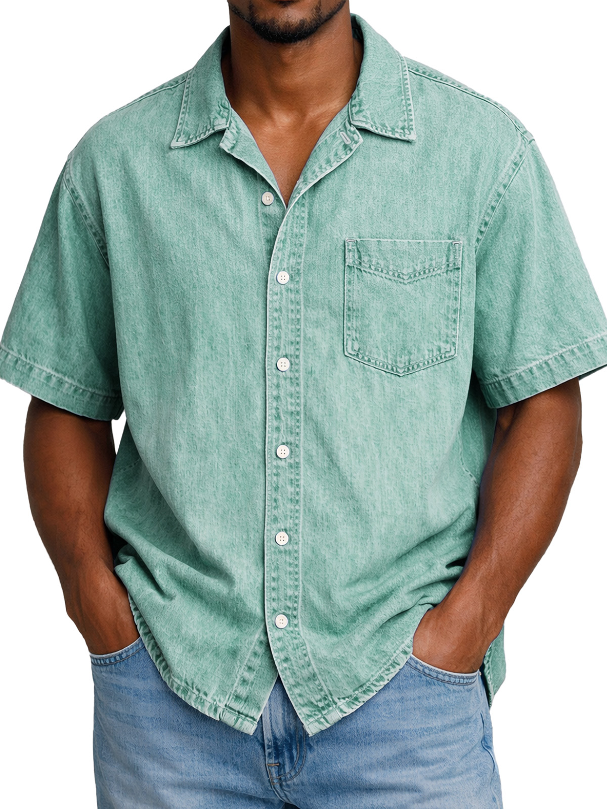 Men's Retro Solid Color Pocketed Cuban Collar Short-Sleeve Shirt