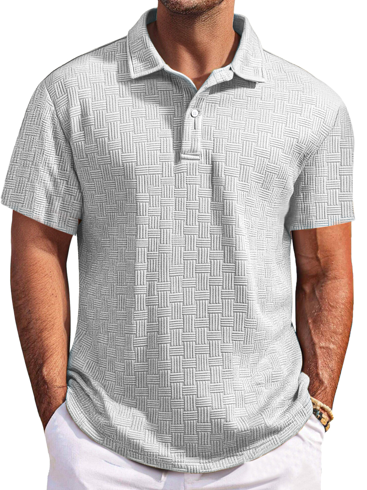 Men's Casual Solid Color Texture Short-sleeved Button Laps Polo Shirt