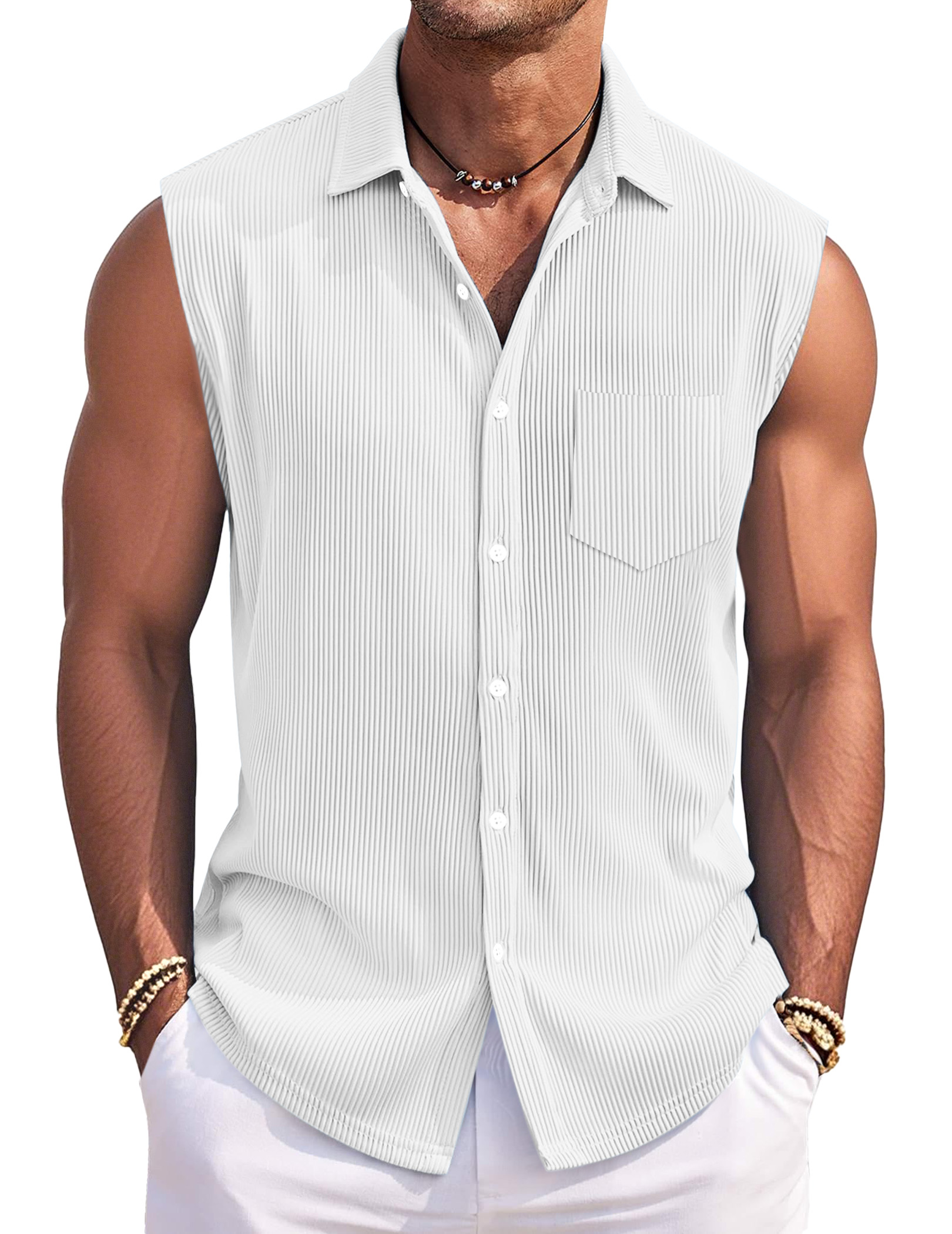 Men's Simple Solid Color Vertical Pit Lapel Button Sleeveless Shirt