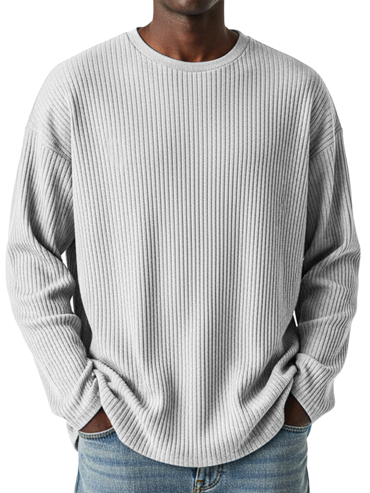 Men's Simple Daily Solid Color Vertical Pit Strip Round Neck Long-sleeved T-shirt