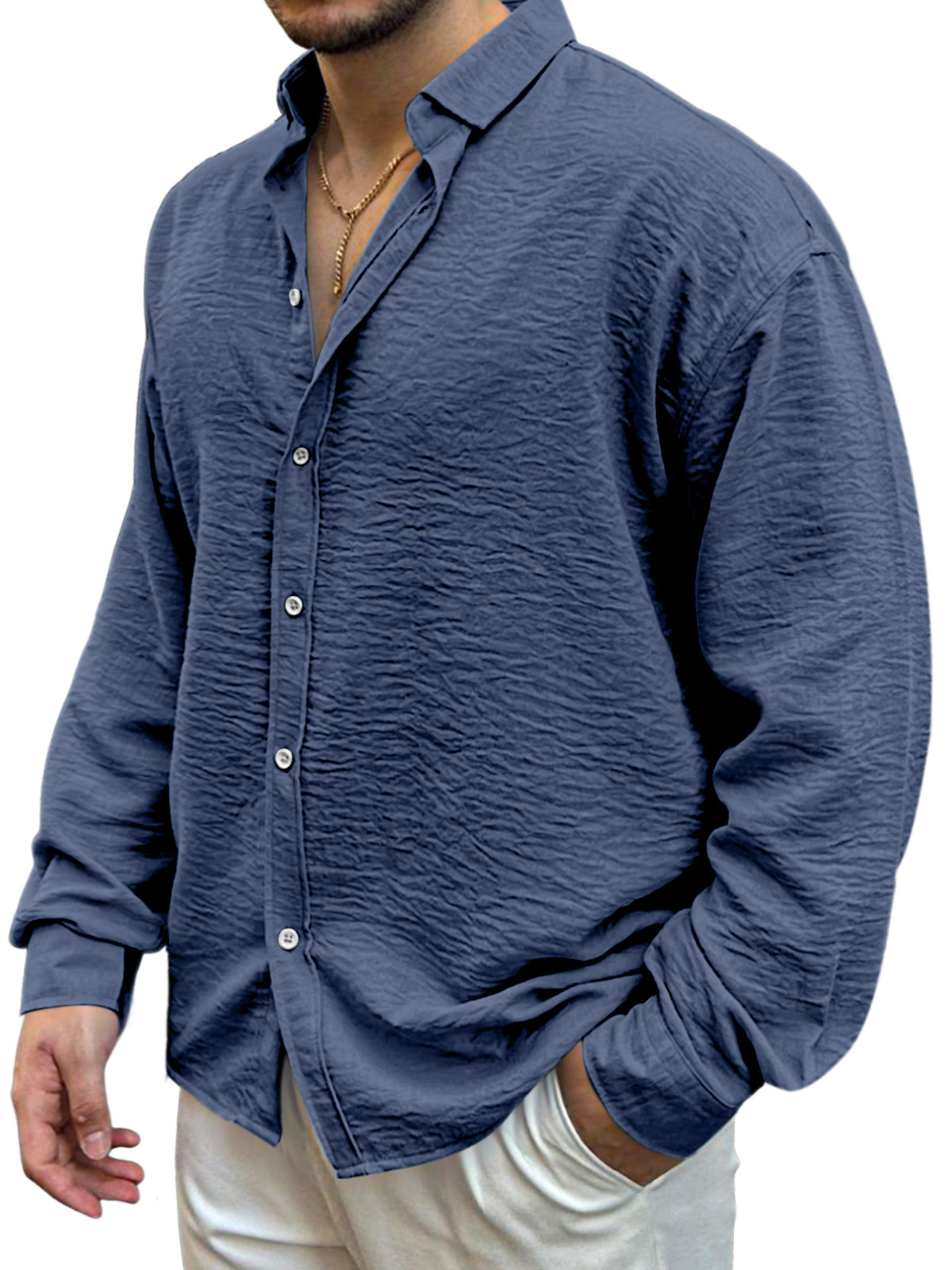 Men's Simple Solid Color Pleated Loose And Comfortable Lapel Long-sleeved Shirt