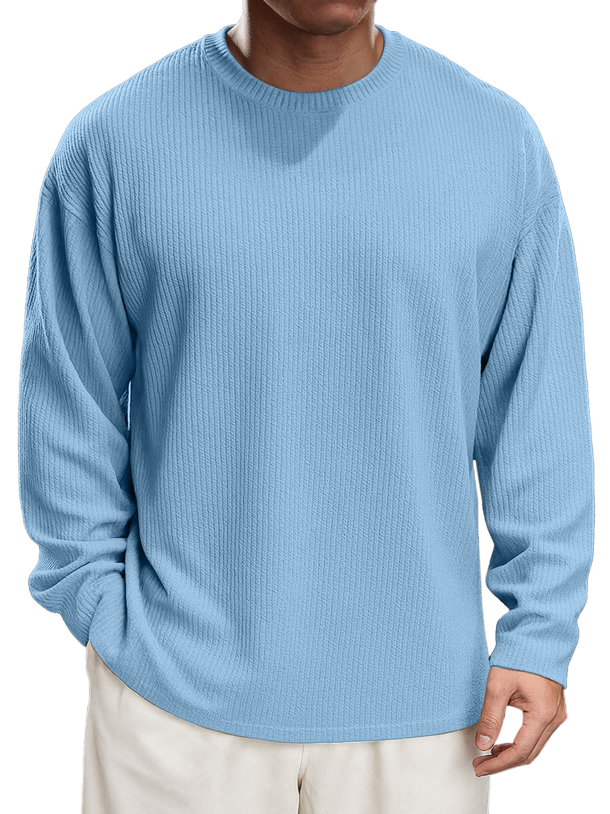 Men's Simple Daily Solid Color Texture Round Neck Long-sleeved T-shirt