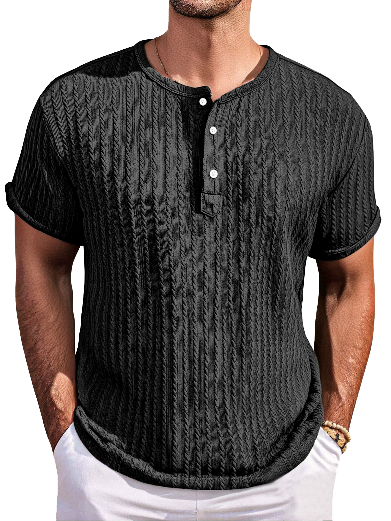 Men's Simple Casual Texture Loose Short-sleeved Henley Shirt