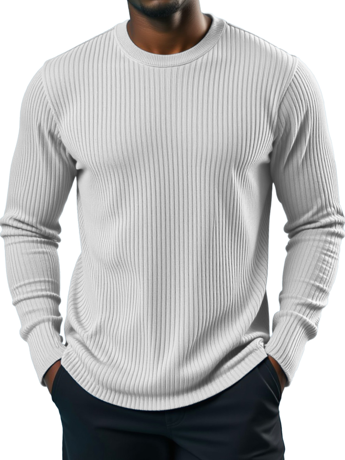 Men's Simple Daily Solid Color Vertical Pit Strip Round Neck Long-sleeved T-shirt