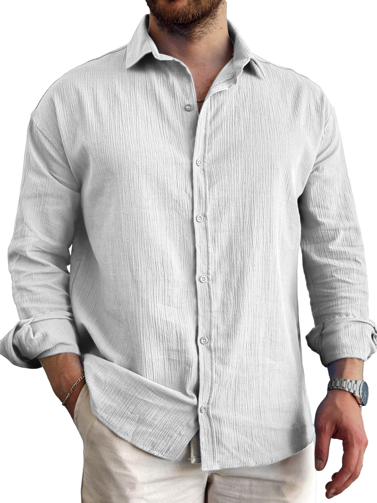 Men's Daily Simple Pleated Textured Lapel Long-sleeved Shirt