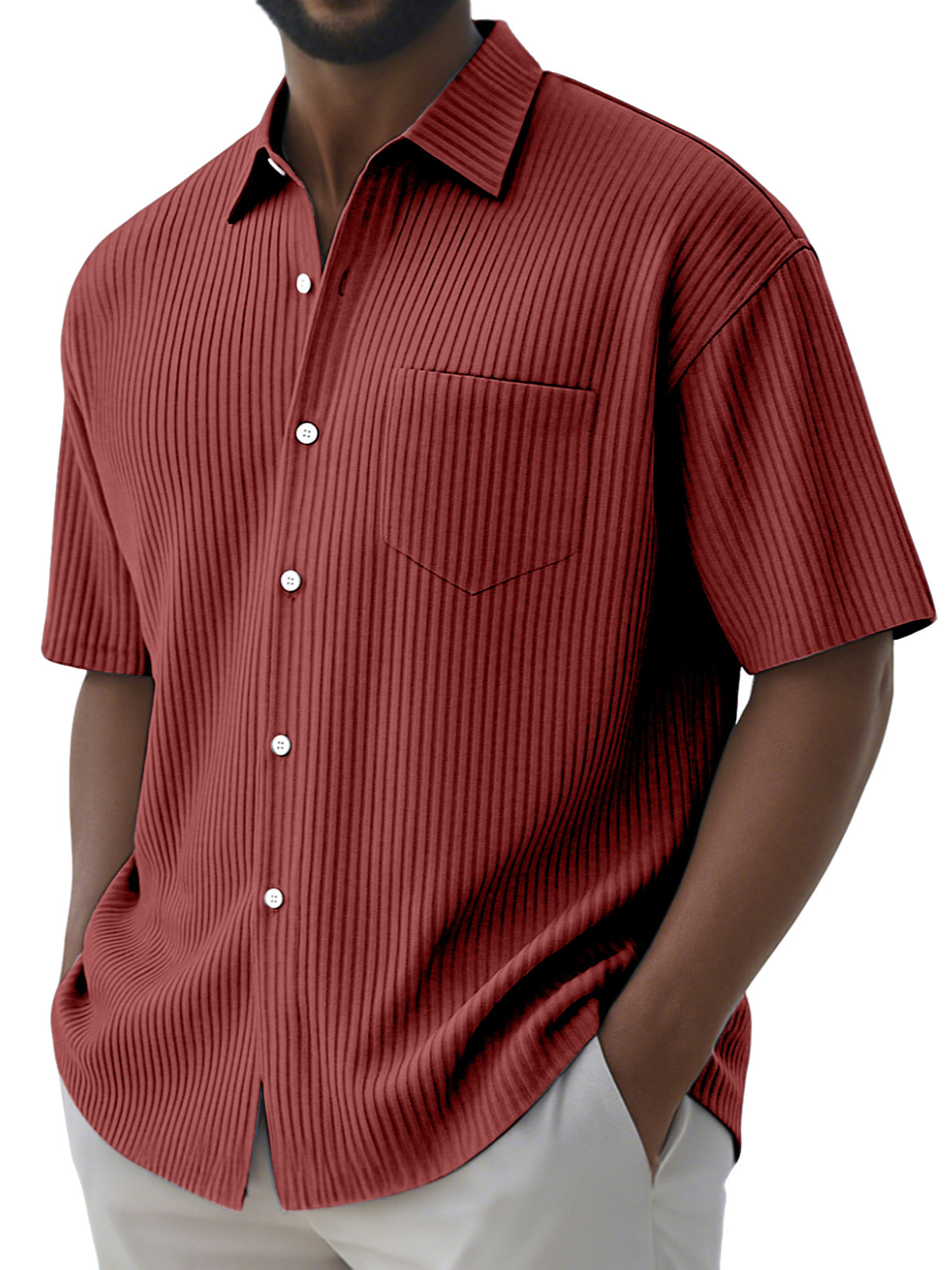 Men's Simple Solid Color Vertical Pit Button Lapel Short-sleeved Shirt